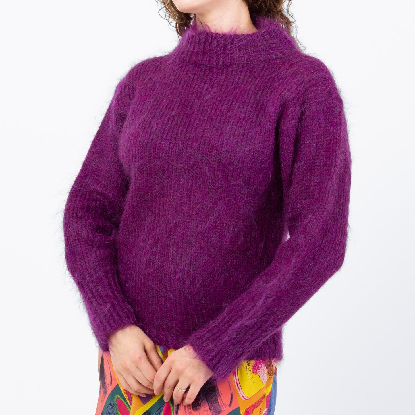 Vintage 80s Purple Mohair Funnel Neck Sweater - Medium | Wool Blend Turtleneck Pullover