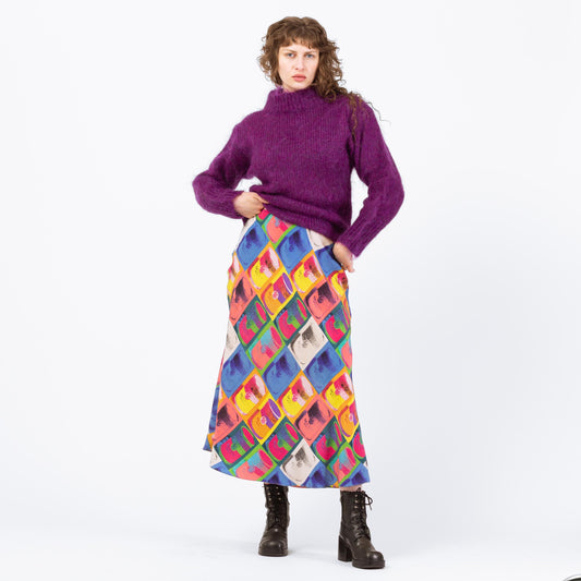 Vintage 90s Pop Art Andy Warhol Graphic Silk Maxi Skirt - Medium | Soup Can Novelty Print High Waisted Skirt