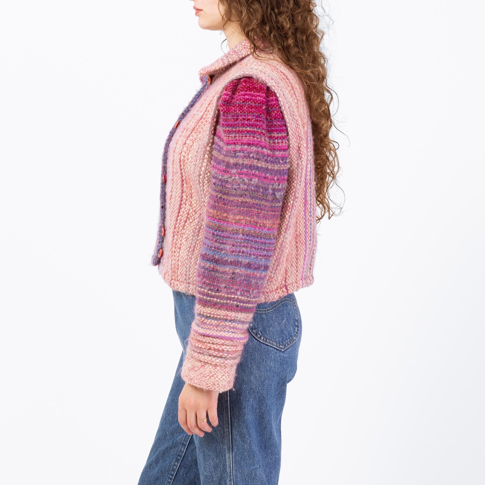 Vintage 80s Pink & Purple Gradient Striped Cropped Wool Jacket - Large to 1X | Hand Woven Cardigan