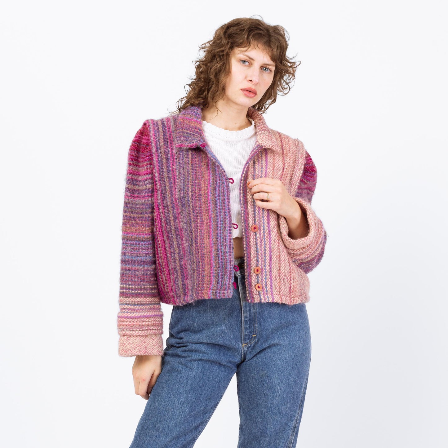 Vintage 80s Pink & Purple Gradient Striped Cropped Wool Jacket - Large to 1X | Hand Woven Cardigan