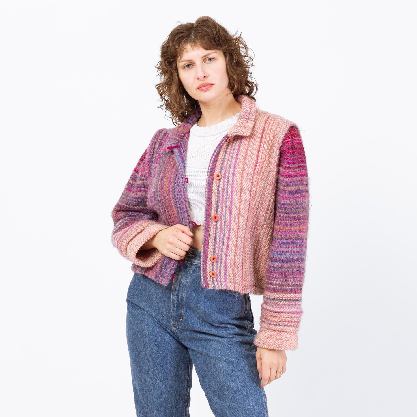 Vintage 80s Pink & Purple Gradient Striped Cropped Wool Jacket - Large to 1X | Hand Woven Cardigan
