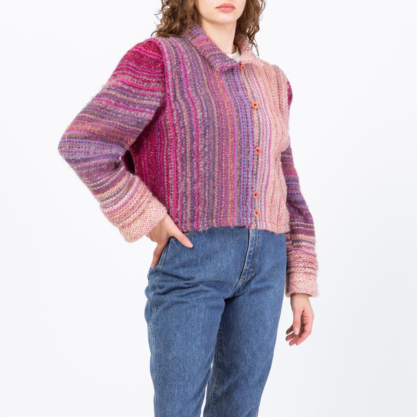 Vintage 80s Pink & Purple Gradient Striped Cropped Wool Jacket - Large to 1X | Hand Woven Cardigan