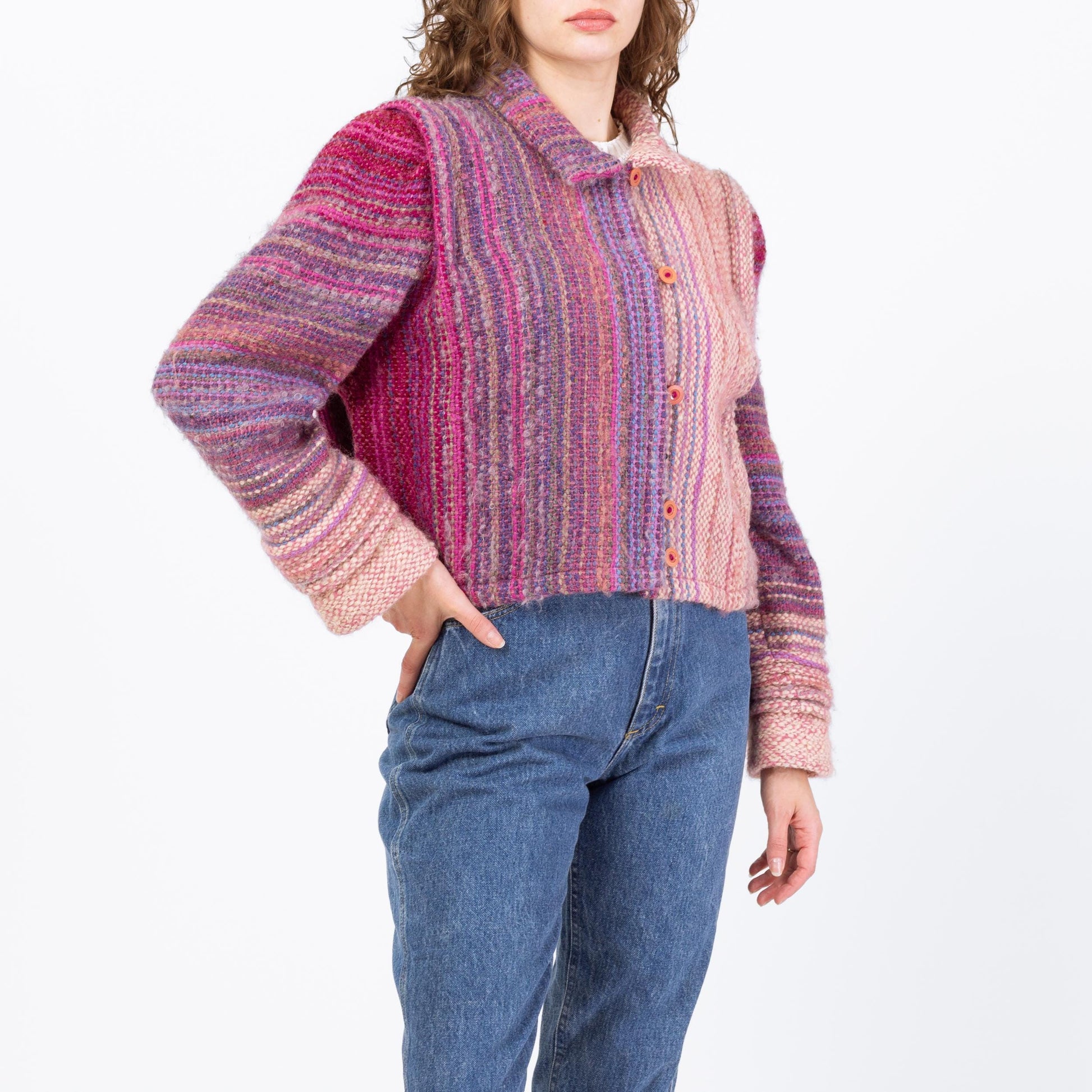 Vintage 80s Pink & Purple Gradient Striped Cropped Wool Jacket - Large to 1X | Hand Woven Cardigan