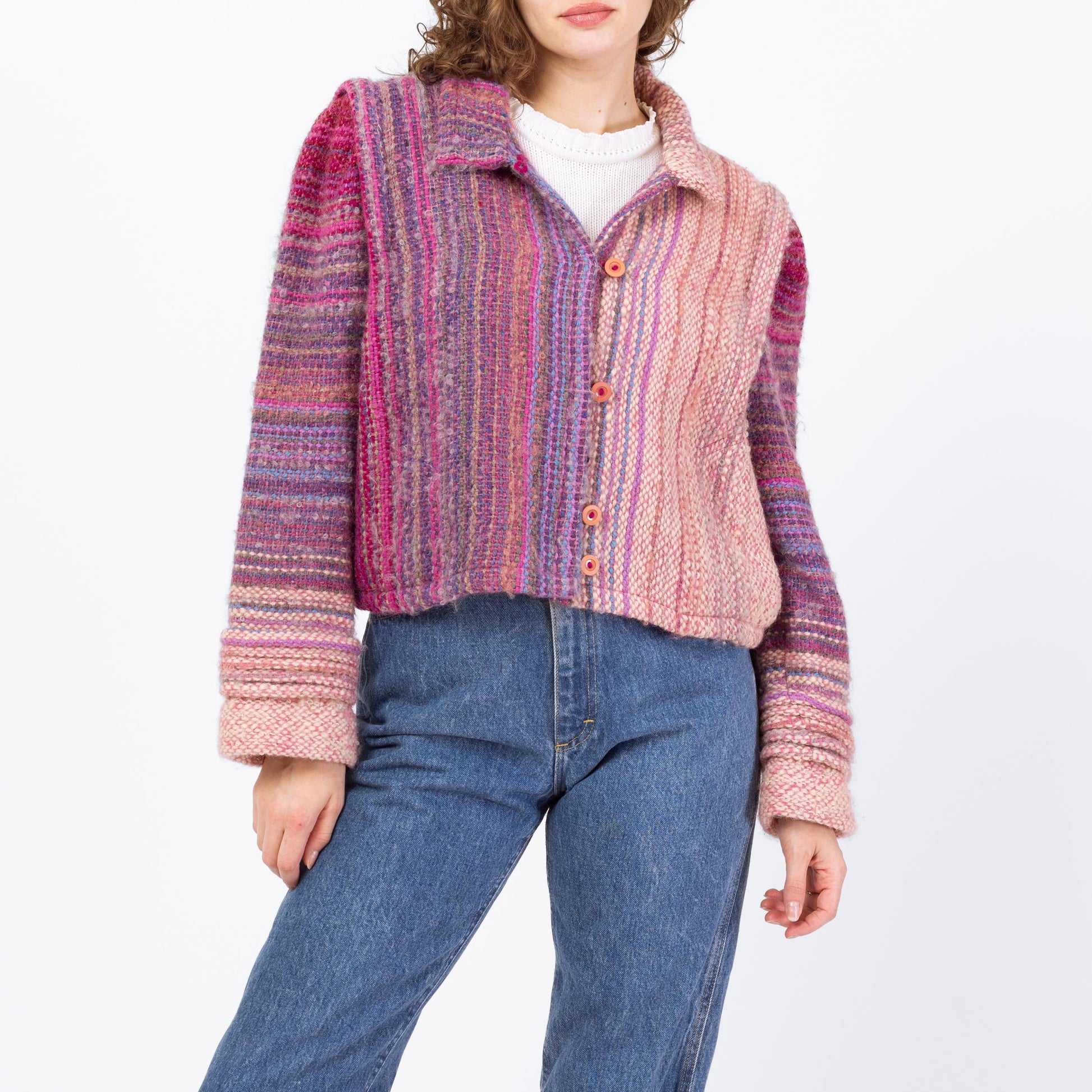 Vintage 80s Pink & Purple Gradient Striped Cropped Wool Jacket - Large to 1X | Hand Woven Cardigan