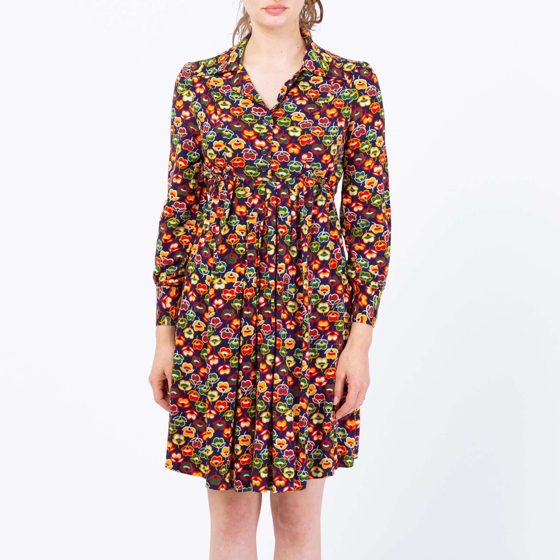 Vintage 70s Tulip Floral Mini Dress - Petite Small to Medium | Boho Long Sleeve Babydoll Dress