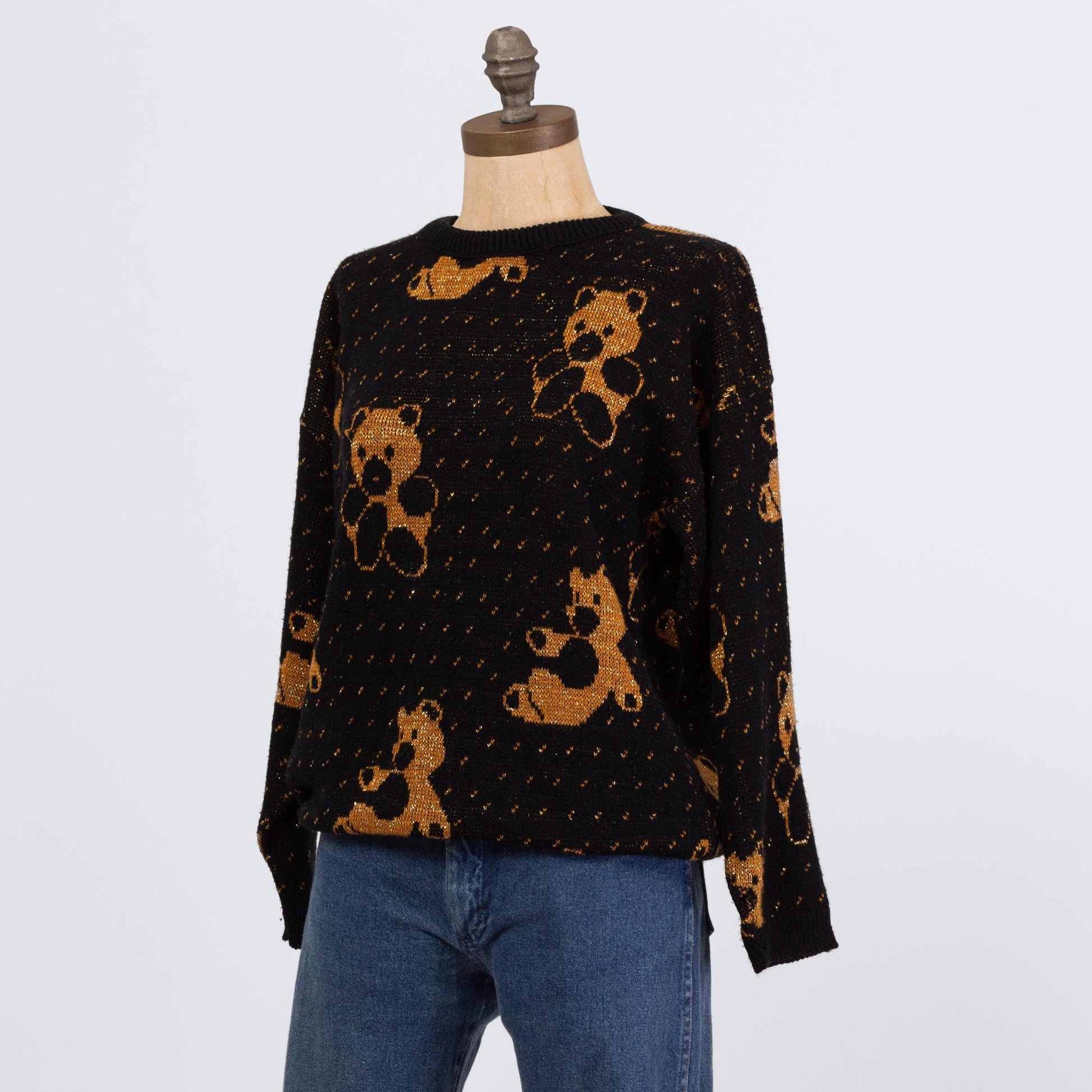 Vintage 80s Teddy Bear Lurex Sweater - Medium | Black Gold Metallic Intarsia Knit Novelty Pullover