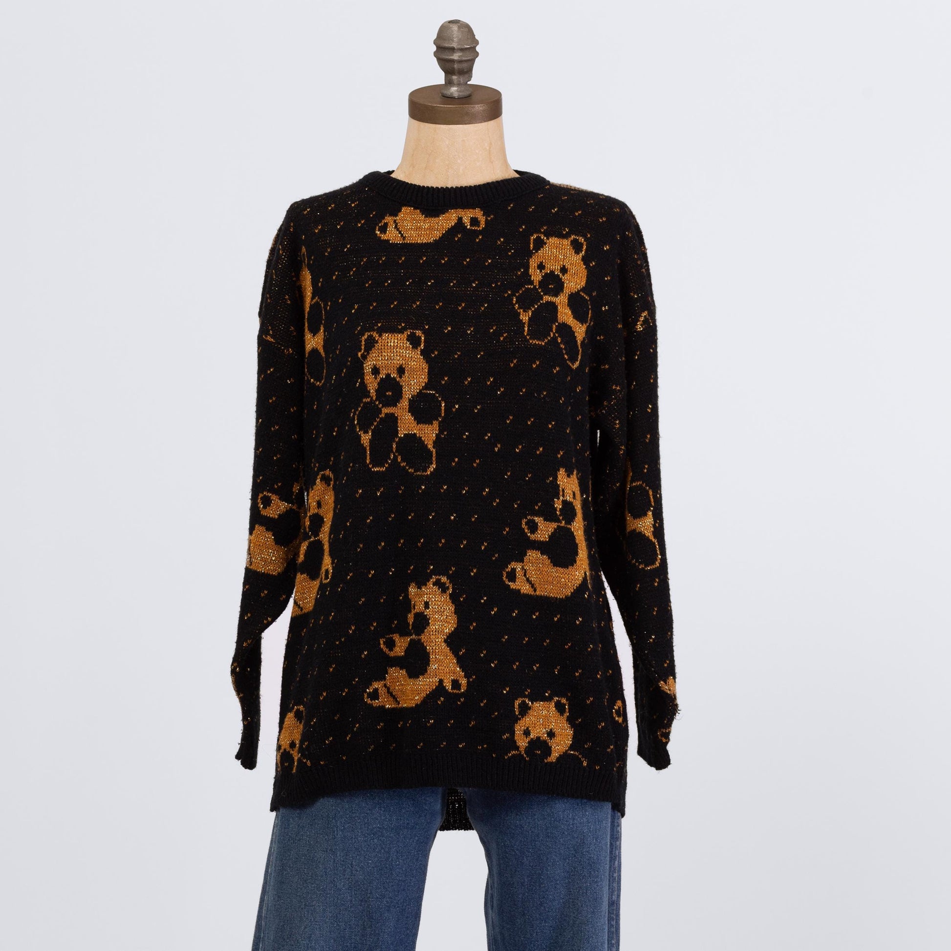 Vintage 80s Teddy Bear Lurex Sweater - Medium | Black Gold Metallic Intarsia Knit Novelty Pullover