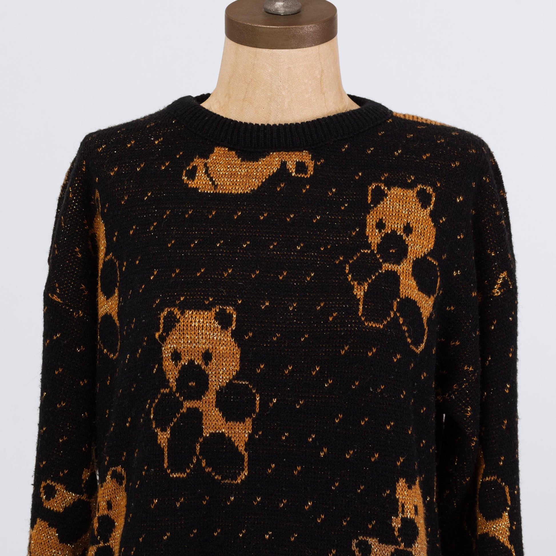 Vintage 80s Teddy Bear Lurex Sweater - Medium | Black Gold Metallic Intarsia Knit Novelty Pullover