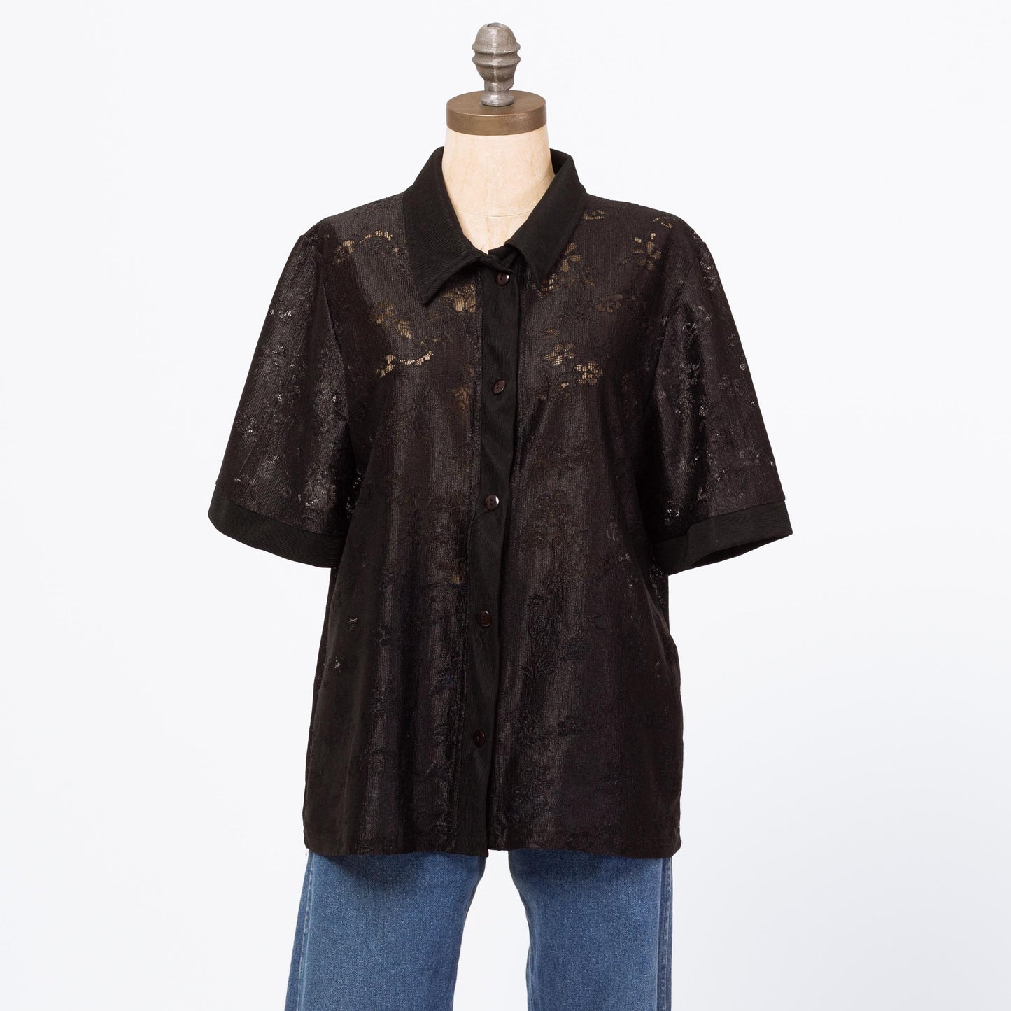 Vintage 90s Sheer Black Floral Lace Cutout Blouse - Extra Large | Short Sleeve Collared Button Up Top