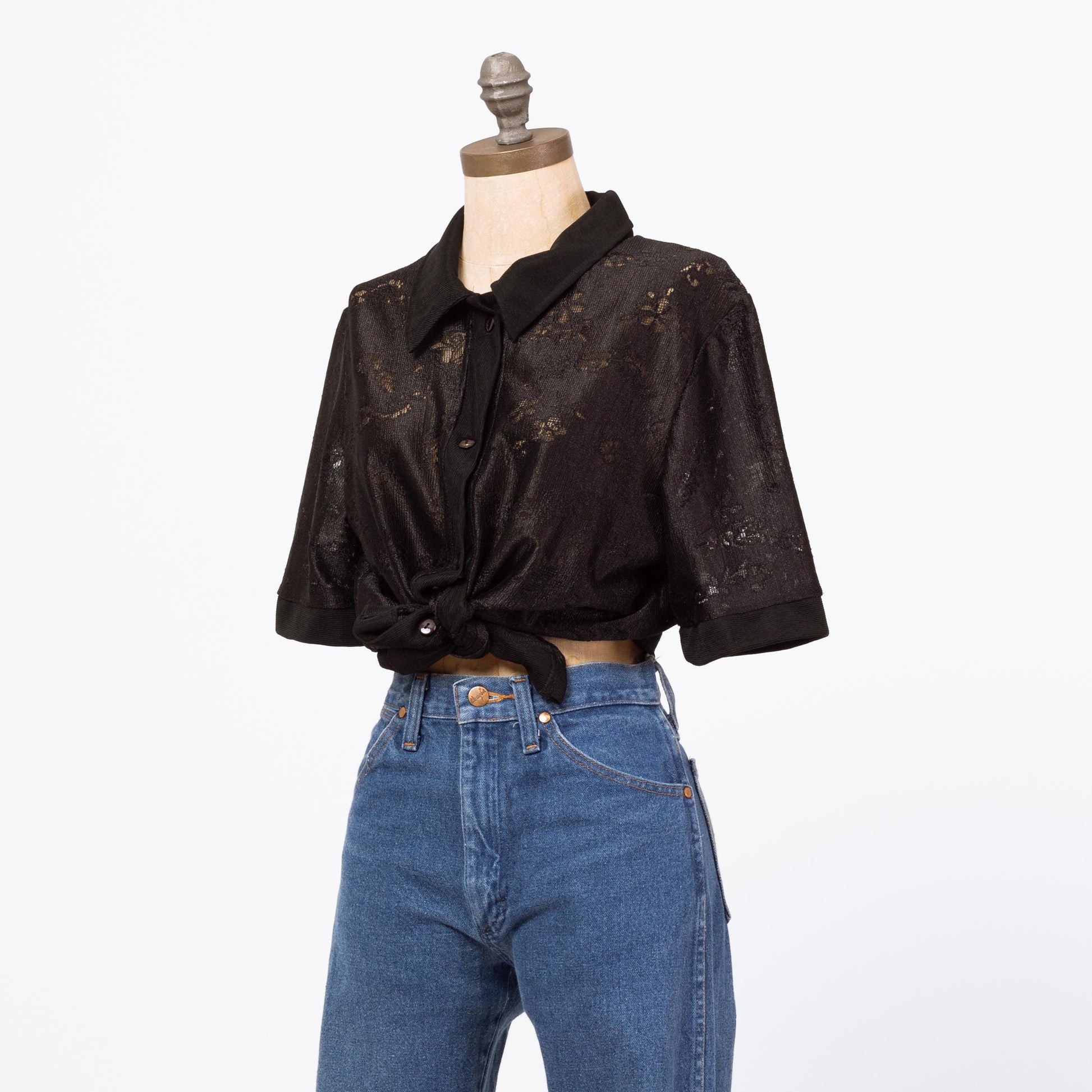 Vintage 90s Sheer Black Floral Lace Cutout Blouse - Extra Large | Short Sleeve Collared Button Up Top