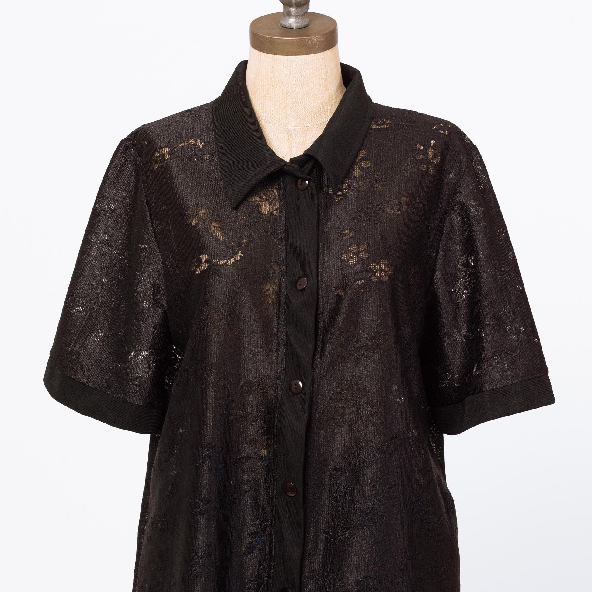 Vintage 90s Sheer Black Floral Lace Cutout Blouse - Extra Large | Short Sleeve Collared Button Up Top