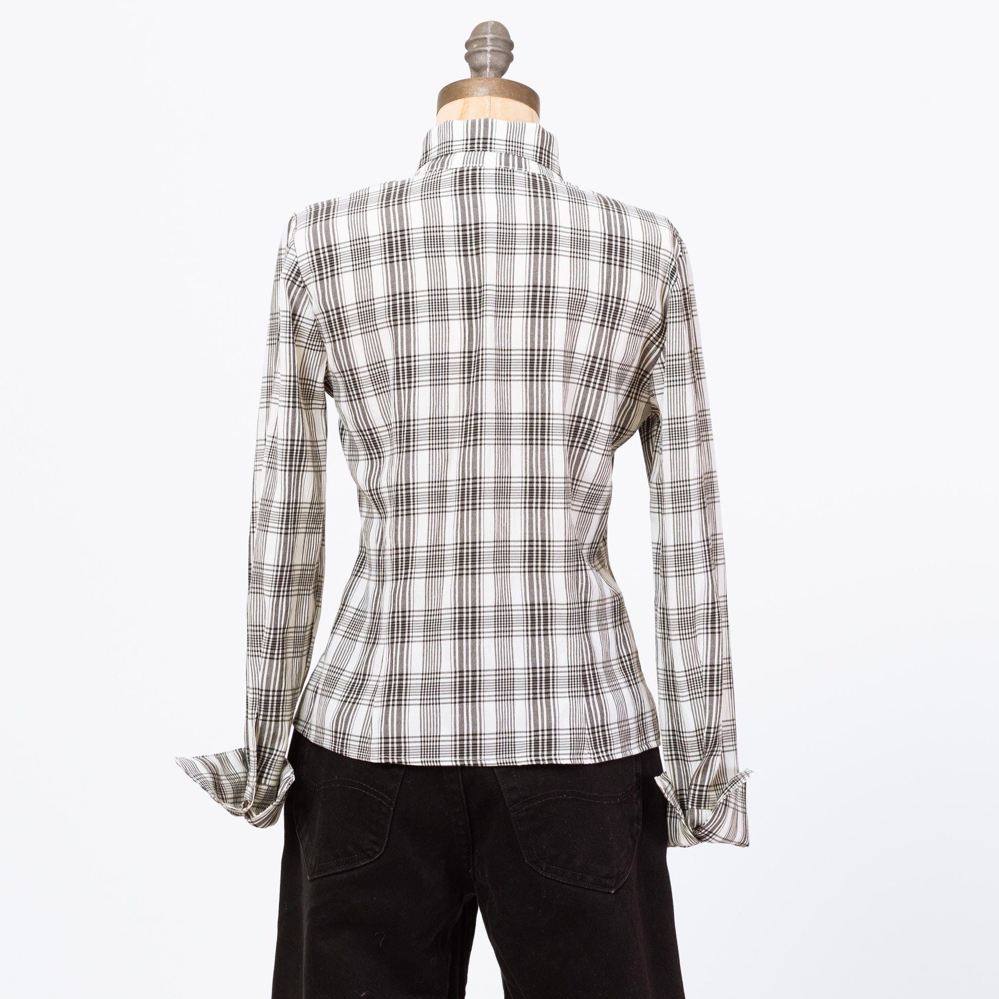 Vintage 90s Black & White Plaid Cuffed Blouse - Small | Button Up Collared Long Sleeve Shirt