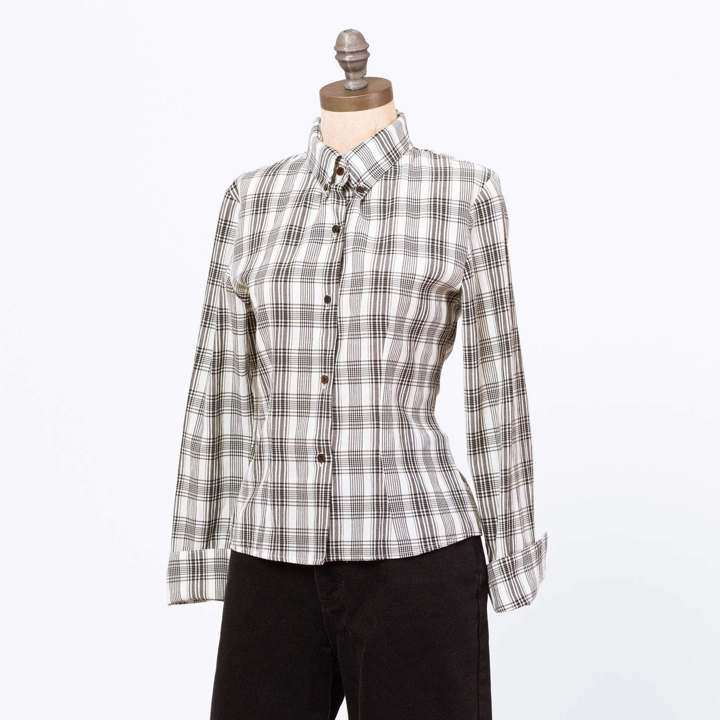 Vintage 90s Black & White Plaid Cuffed Blouse - Small | Button Up Collared Long Sleeve Shirt