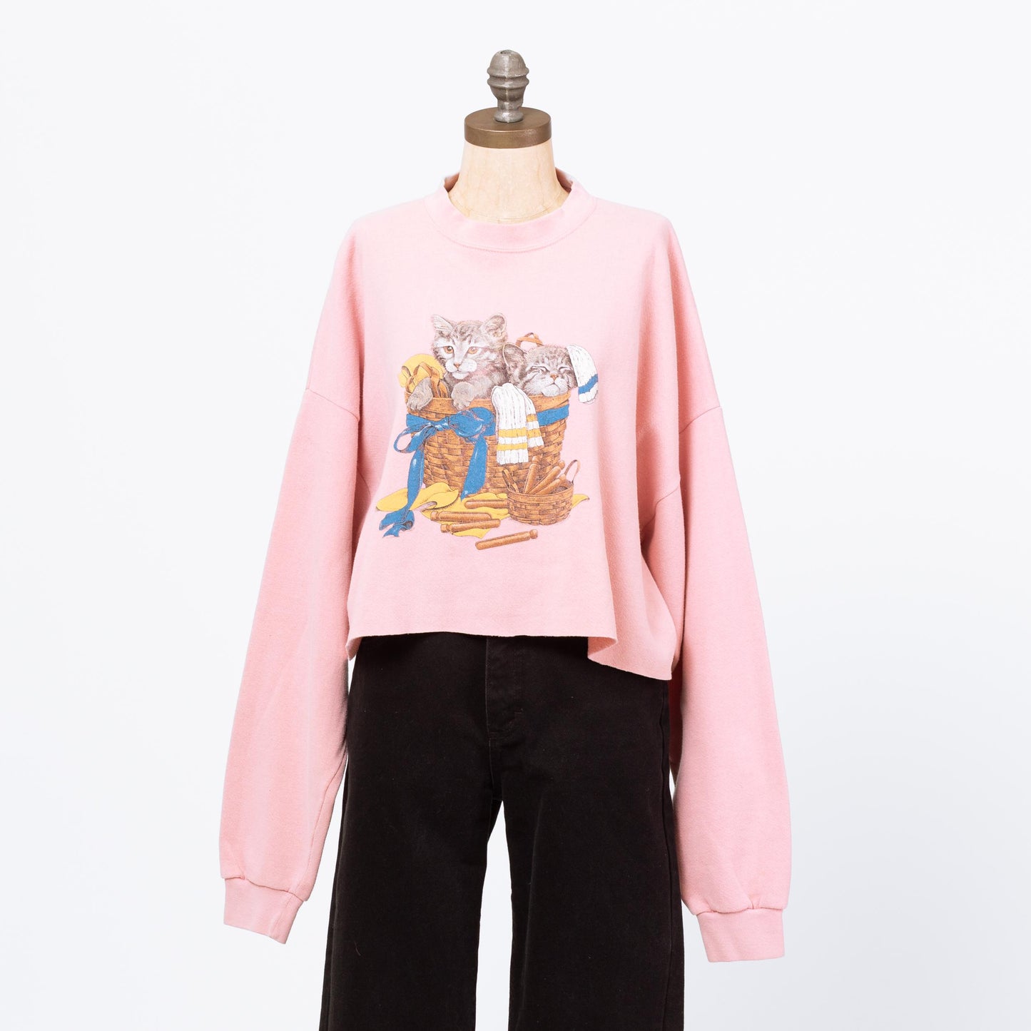 Vintage 90s Basket Of Kittens Cropped Sweatshirt - 3X | Pink Novelty Print Grandma Sweater Crew Neck Crop Top