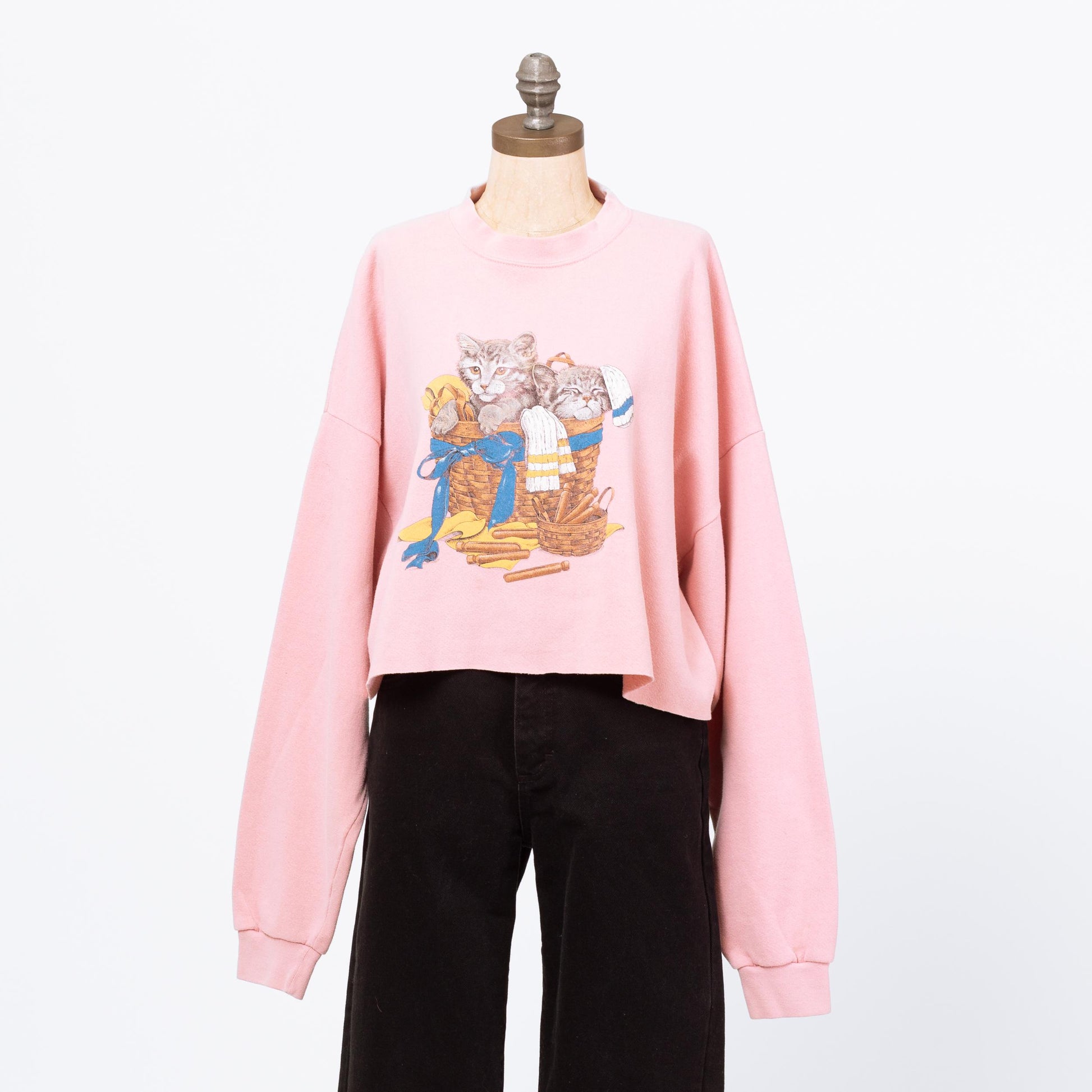 Vintage 90s Basket Of Kittens Cropped Sweatshirt - 3X | Pink Novelty Print Grandma Sweater Crew Neck Crop Top