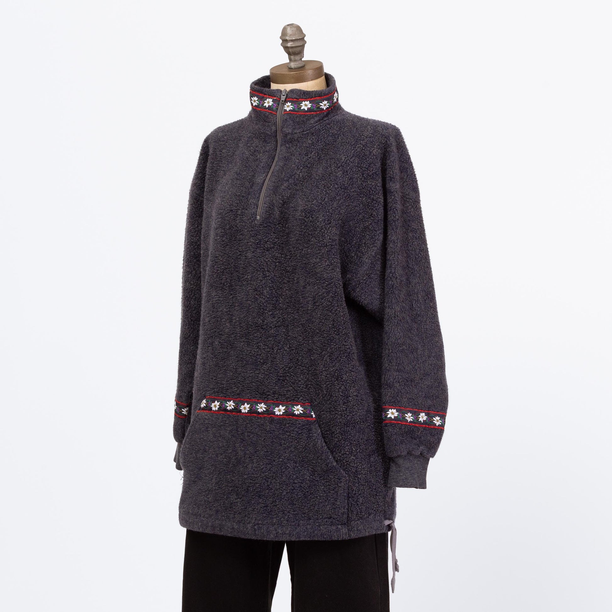 Vintage 90s Folk Floral Trim Fleece Sweatshirt - Large | Dark Blue Half Zip Longline Pullover