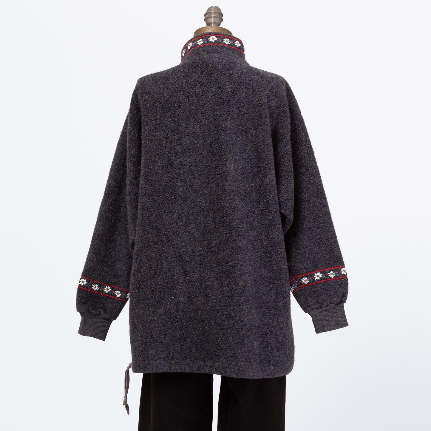 Vintage 90s Folk Floral Trim Fleece Sweatshirt - Large | Dark Blue Half Zip Longline Pullover