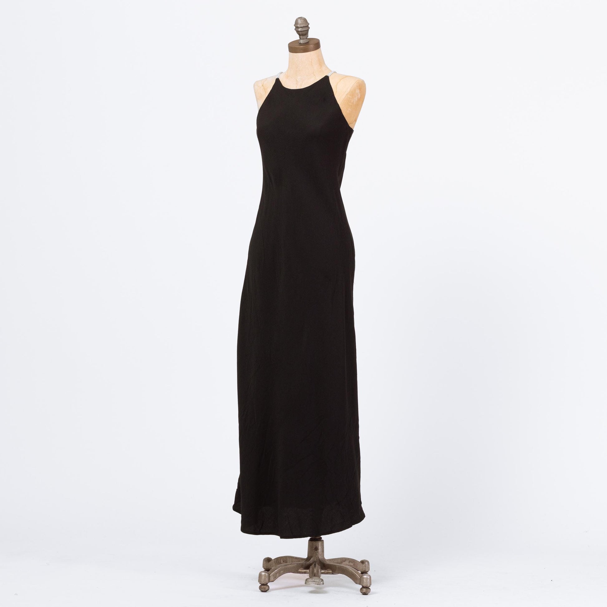 Vintage 90s Black Jeweled Flower Strap Maxi Dress - Small | Formal Bias Cut Racerback Gown