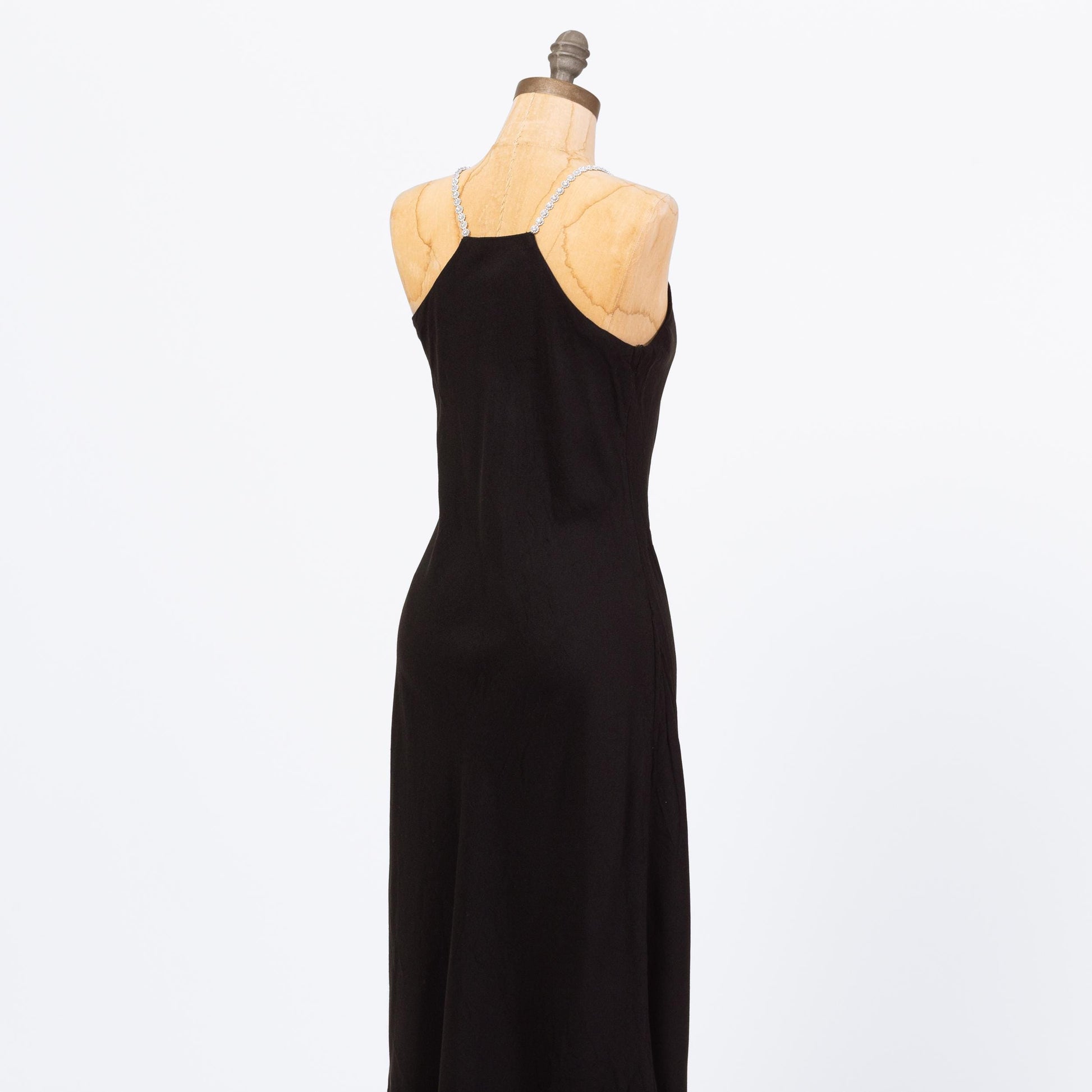 Vintage 90s Black Jeweled Flower Strap Maxi Dress - Small | Formal Bias Cut Racerback Gown