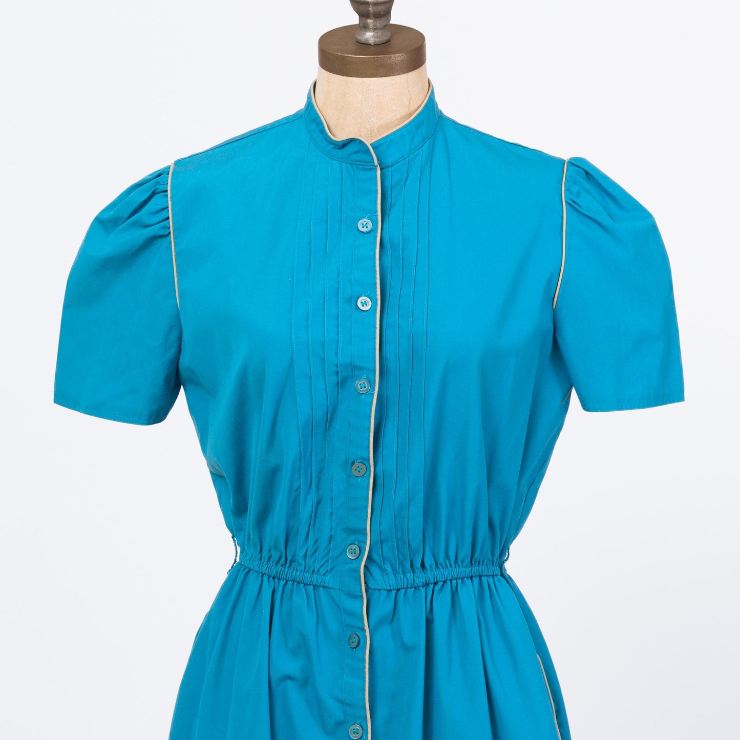 Vintage 70s Blue Midi Shirtdress - Medium | Retro Puff Sleeve Button Front A Line Pocket Dress
