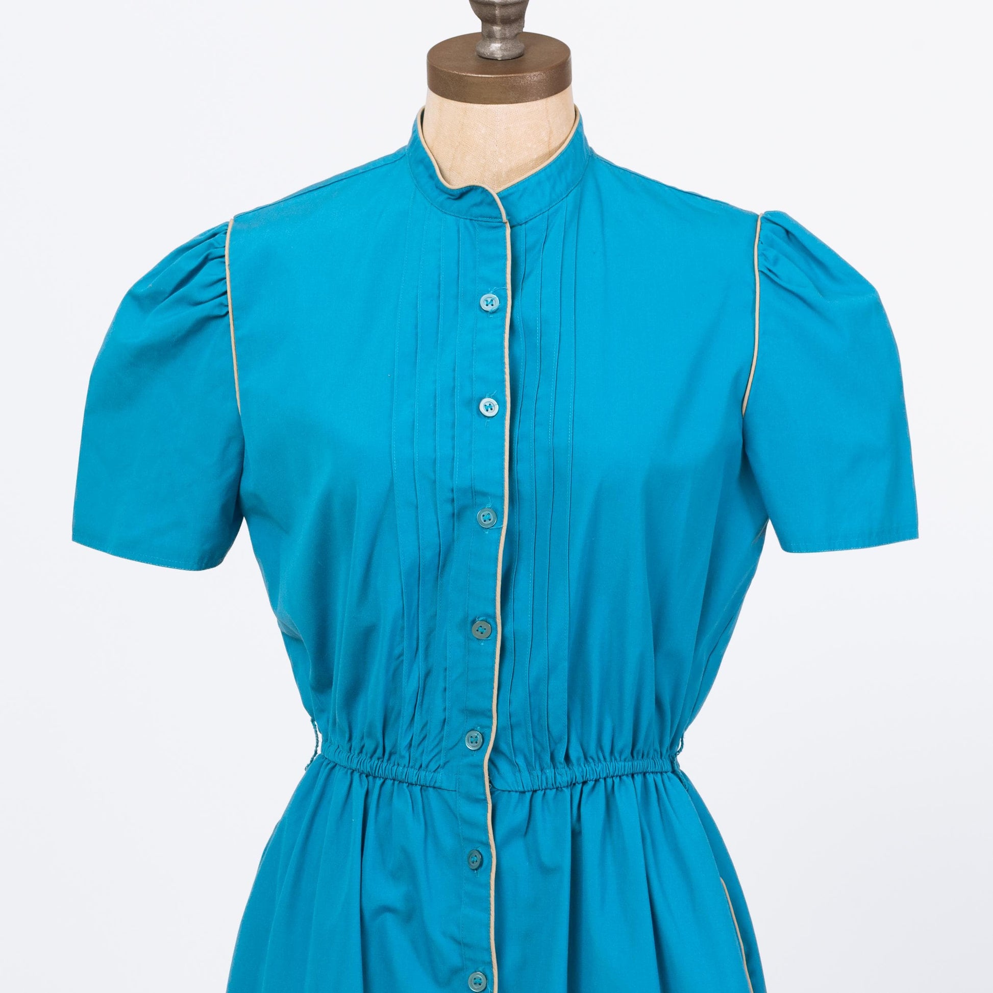 Vintage 70s Blue Midi Shirtdress - Medium | Retro Puff Sleeve Button Front A Line Pocket Dress