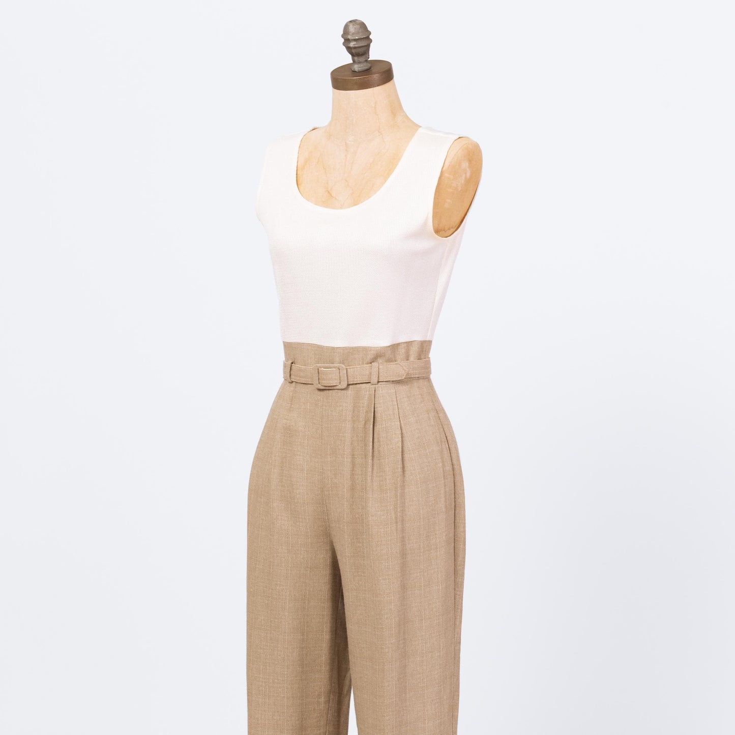 Vintage 90s Minimalist Two-Tone Belted Jumpsuit - Small | Ivory Tan Scoop Neck Sleeveless Pantsuit