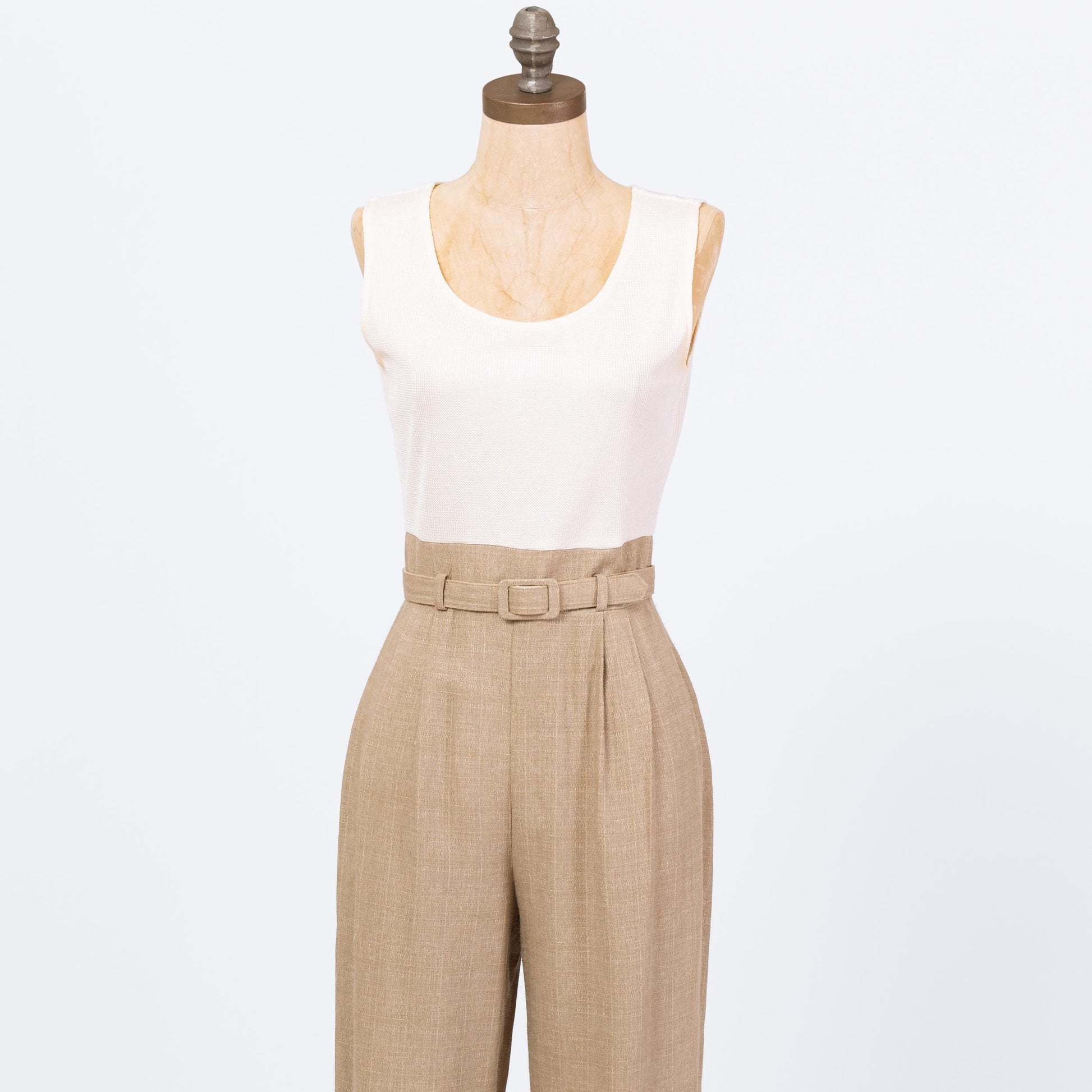 Vintage 90s Minimalist Two-Tone Belted Jumpsuit - Small | Ivory Tan Scoop Neck Sleeveless Pantsuit