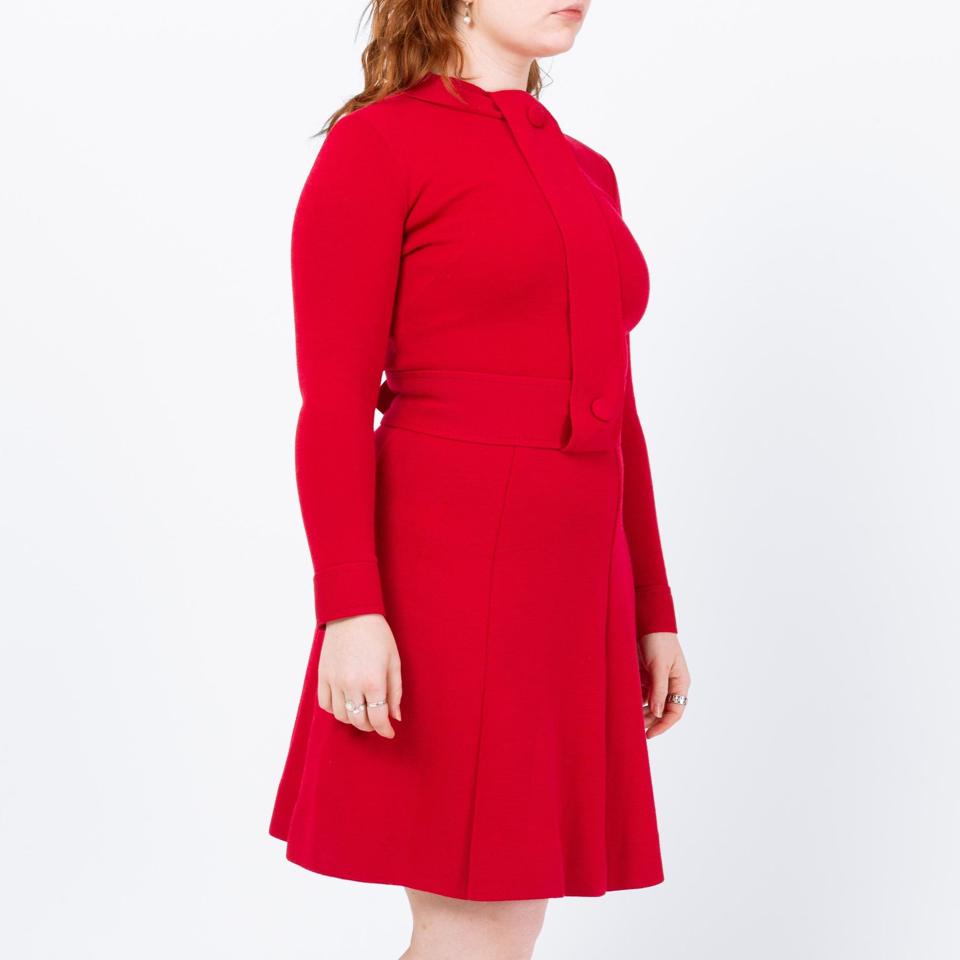 Vintage 60s Mod Red Wool Drop Waist Mini Dress - Small | Long Sleeve Knit Dress