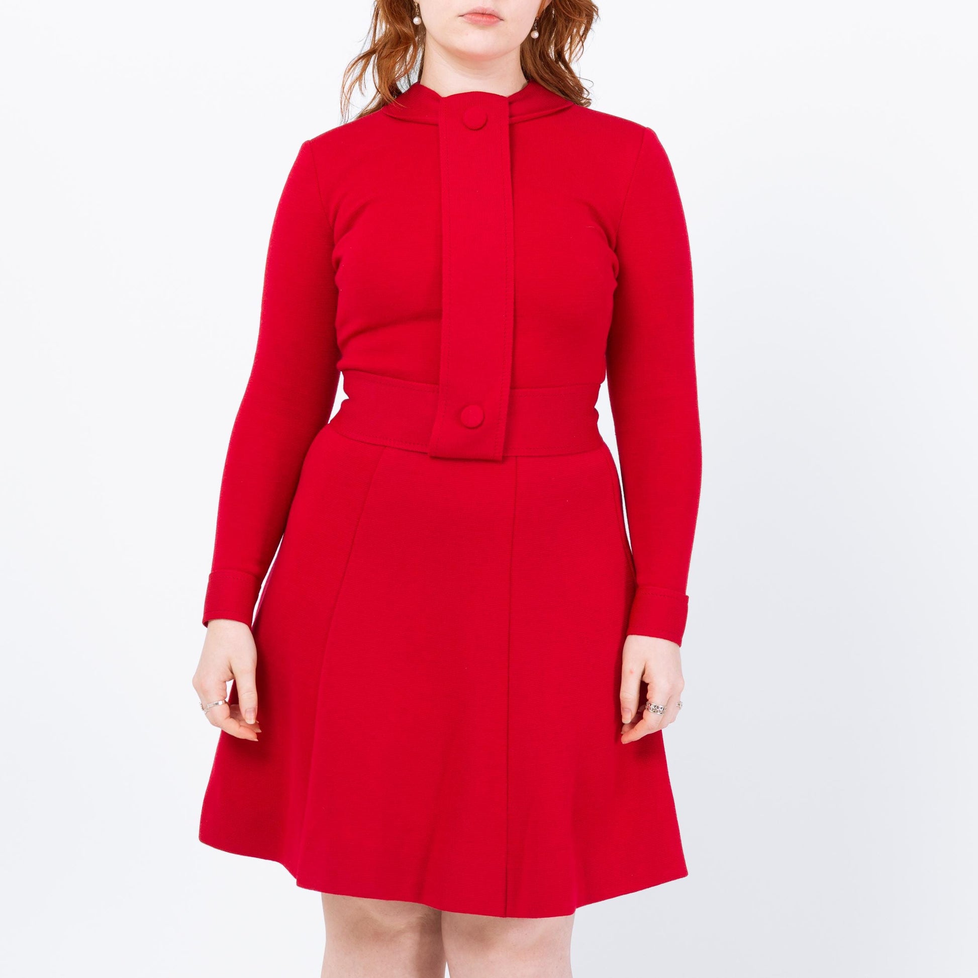 Vintage 60s Mod Red Wool Drop Waist Mini Dress - Small | Long Sleeve Knit Dress