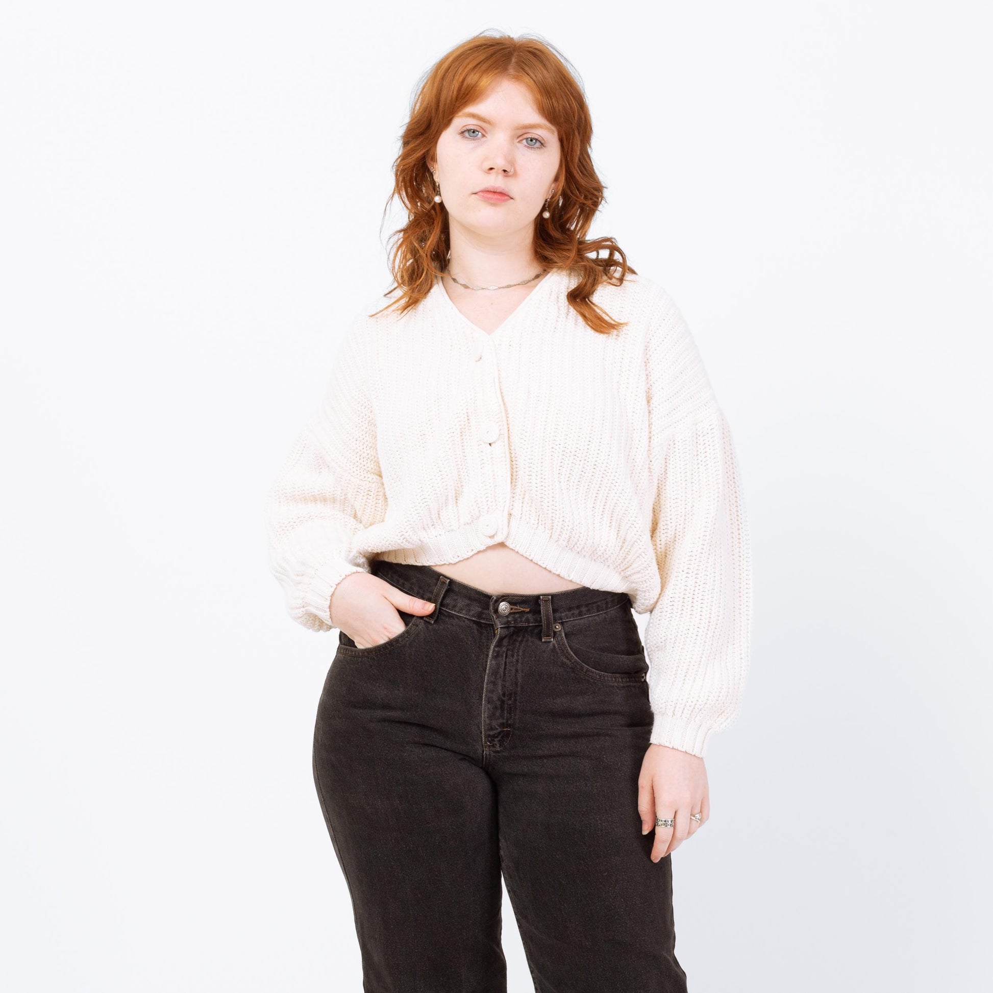Vintage 90s White Cropped Cardigan - Medium | Cream Cotton Knit Button Up Sweater