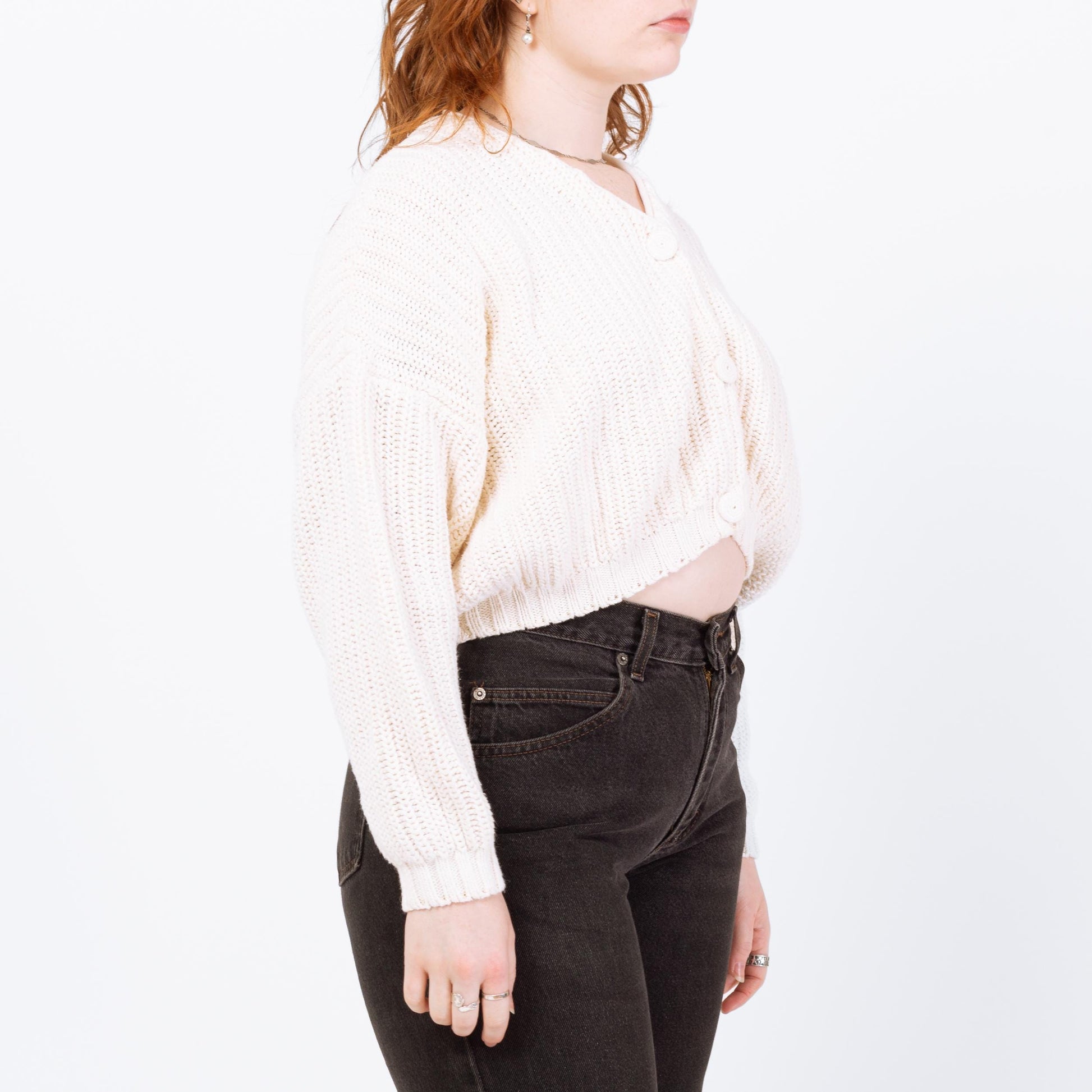 Vintage 90s White Cropped Cardigan - Medium | Cream Cotton Knit Button Up Sweater