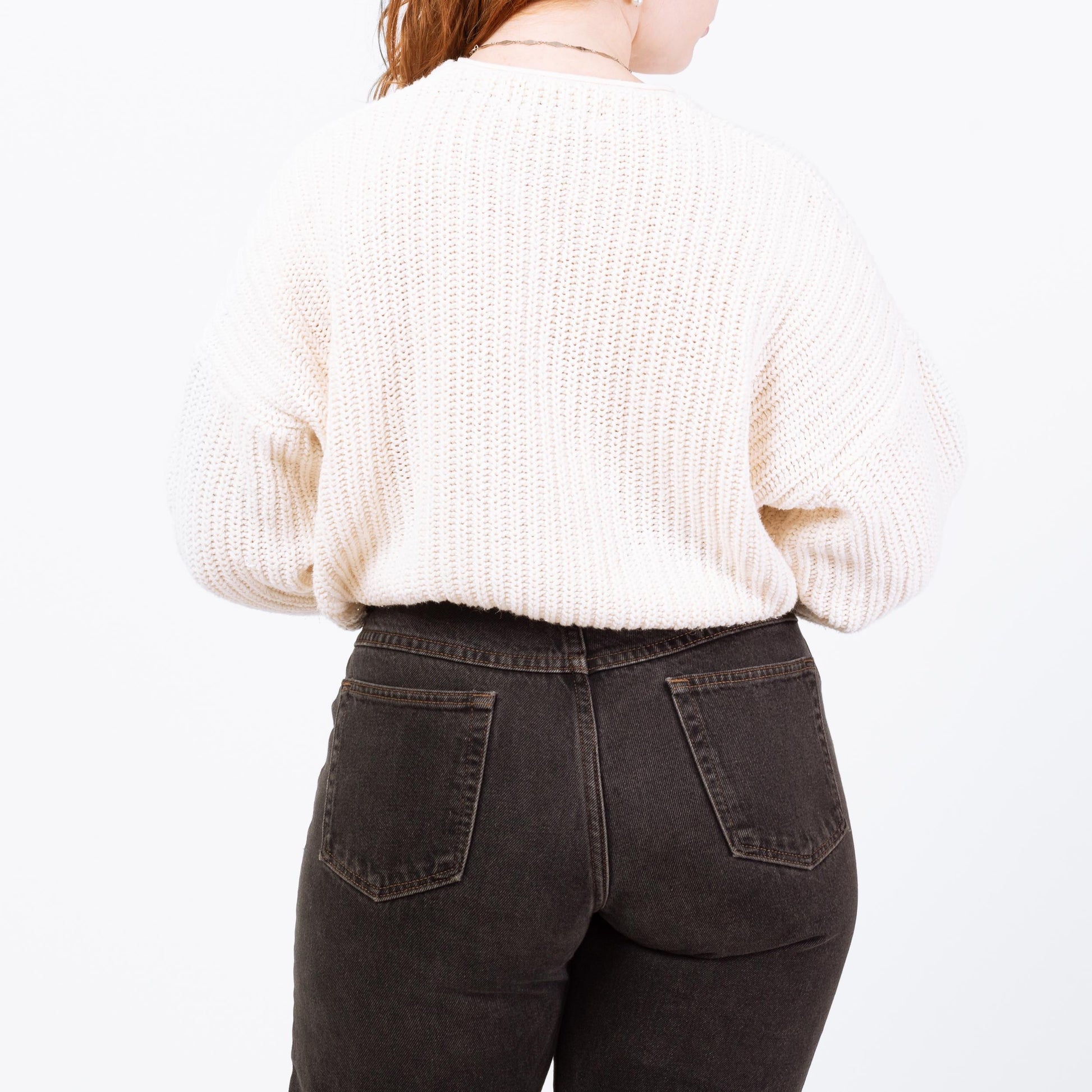 Vintage 90s White Cropped Cardigan - Medium | Cream Cotton Knit Button Up Sweater