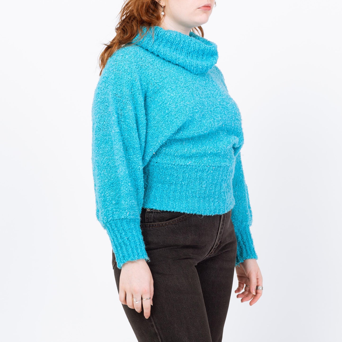 Vintage 80s Blue Boucle Knit Turtleneck Sweater - Medium to Large | Dolman Sleeve Pullover