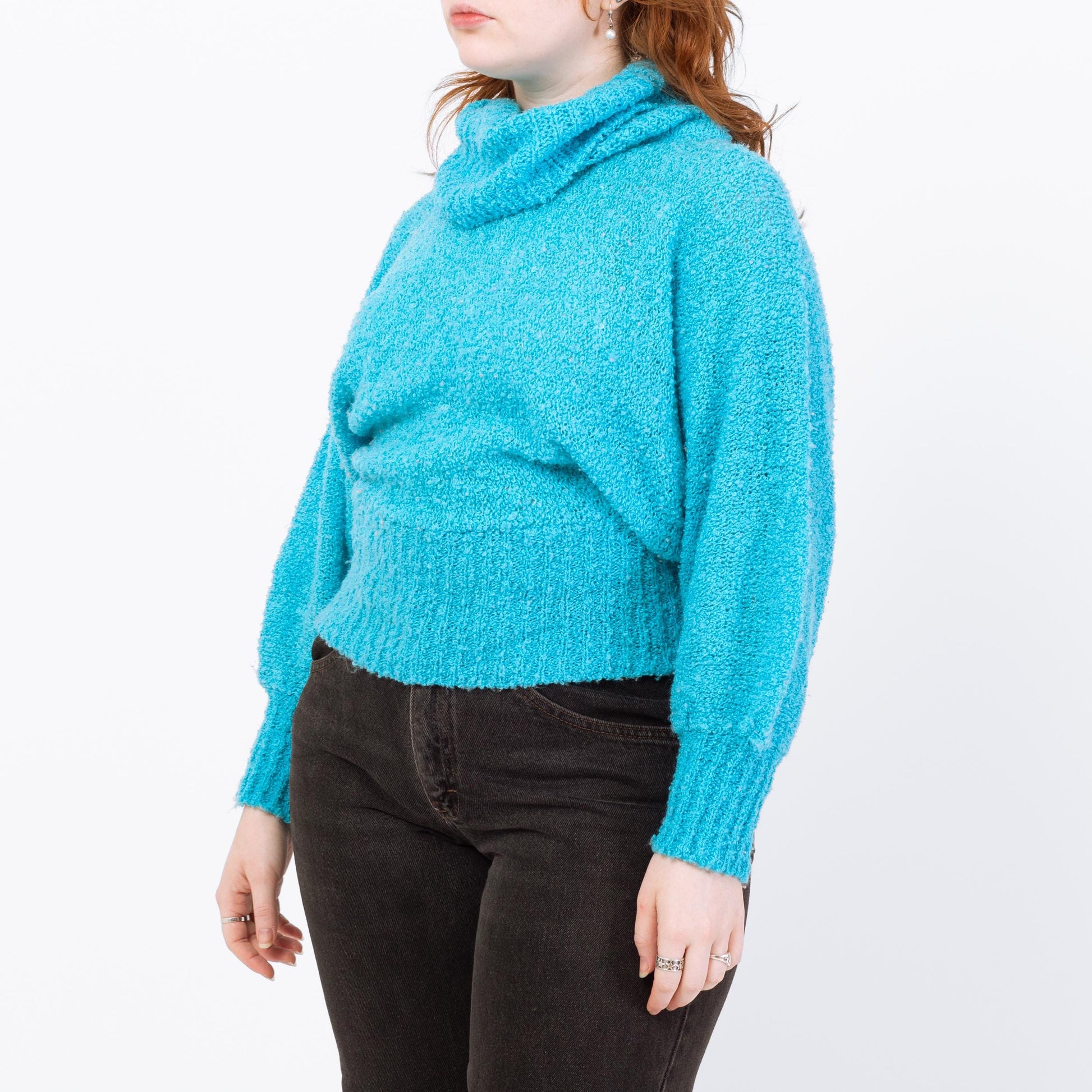 Vintage 80s Blue Boucle Knit Turtleneck Sweater - Medium to Large | Dolman Sleeve Pullover