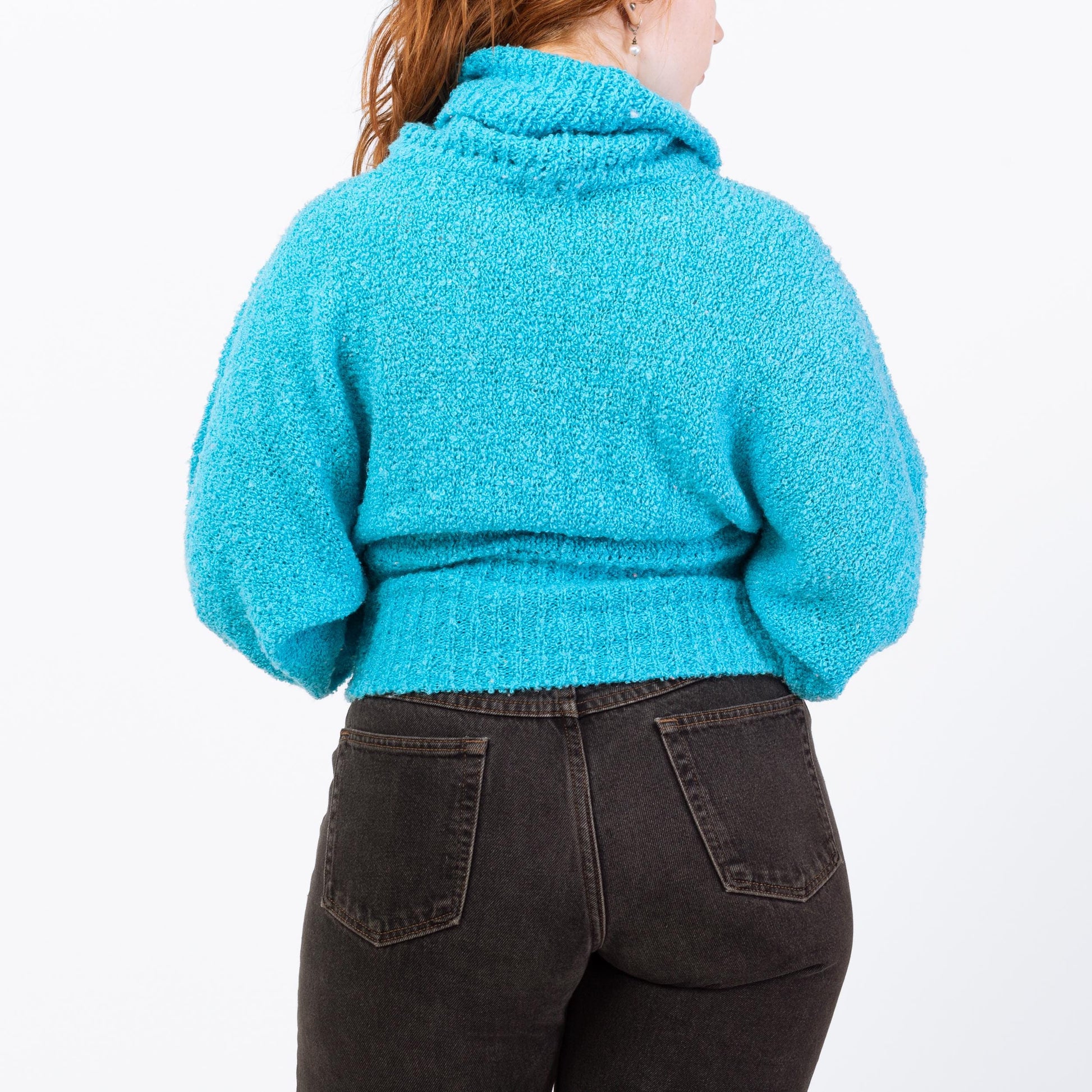 Vintage 80s Blue Boucle Knit Turtleneck Sweater - Medium to Large | Dolman Sleeve Pullover