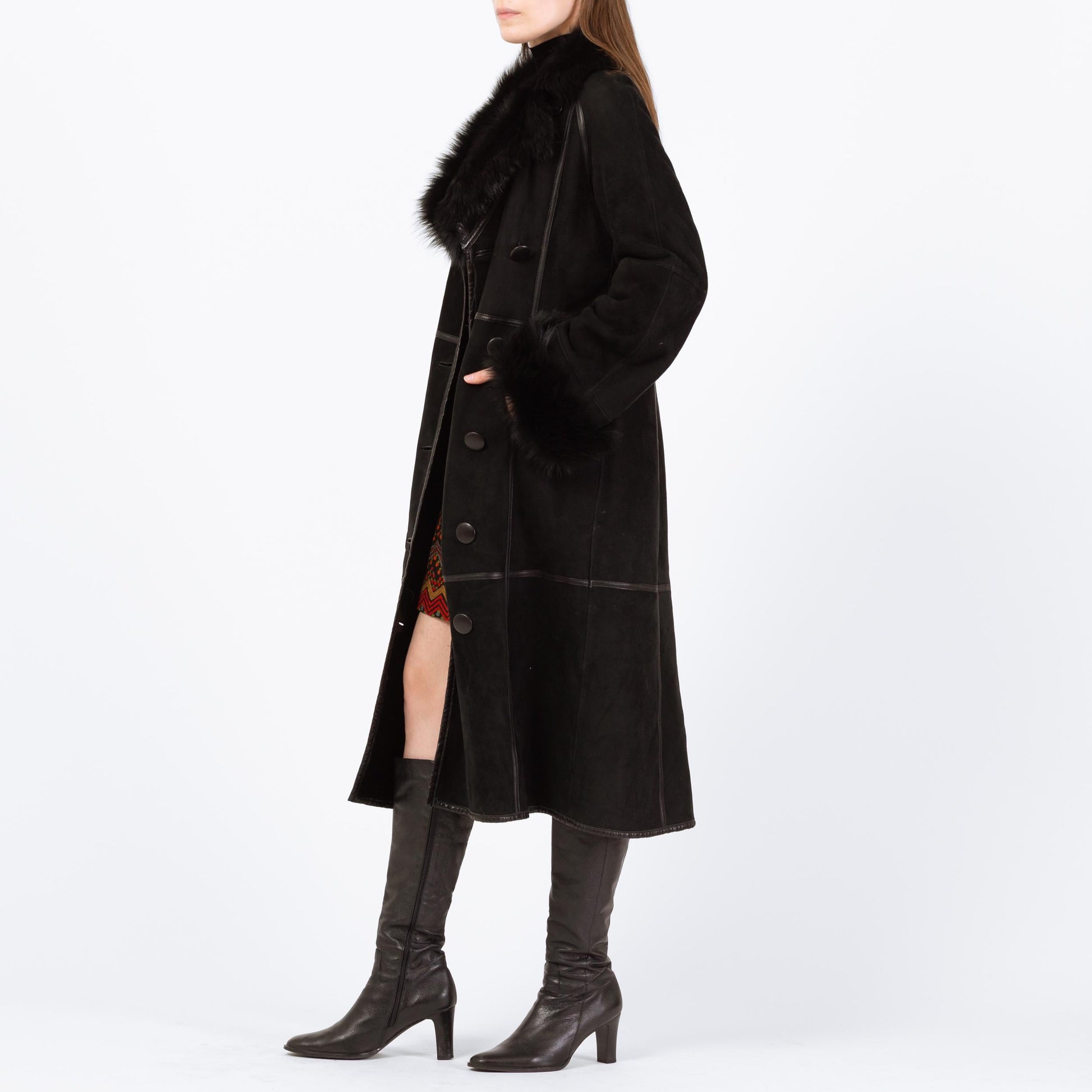 Vintage Pasha Veneto Black Lambskin Penny Lane Coat - Small | Y2K Does 70s Boho Fur Trim Long Suede Leather Jacket