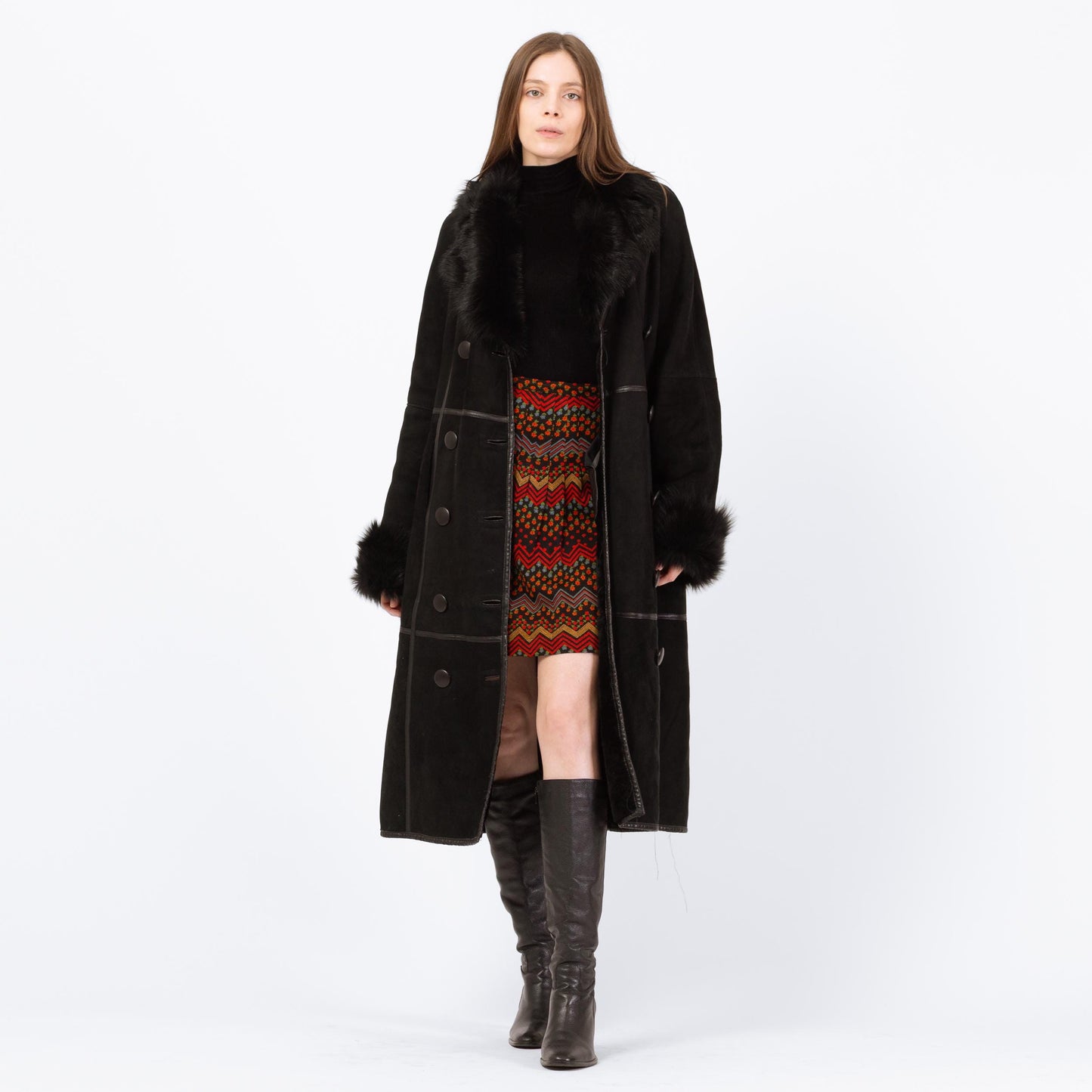 Vintage Pasha Veneto Black Lambskin Penny Lane Coat - Small | Y2K Does 70s Boho Fur Trim Long Suede Leather Jacket