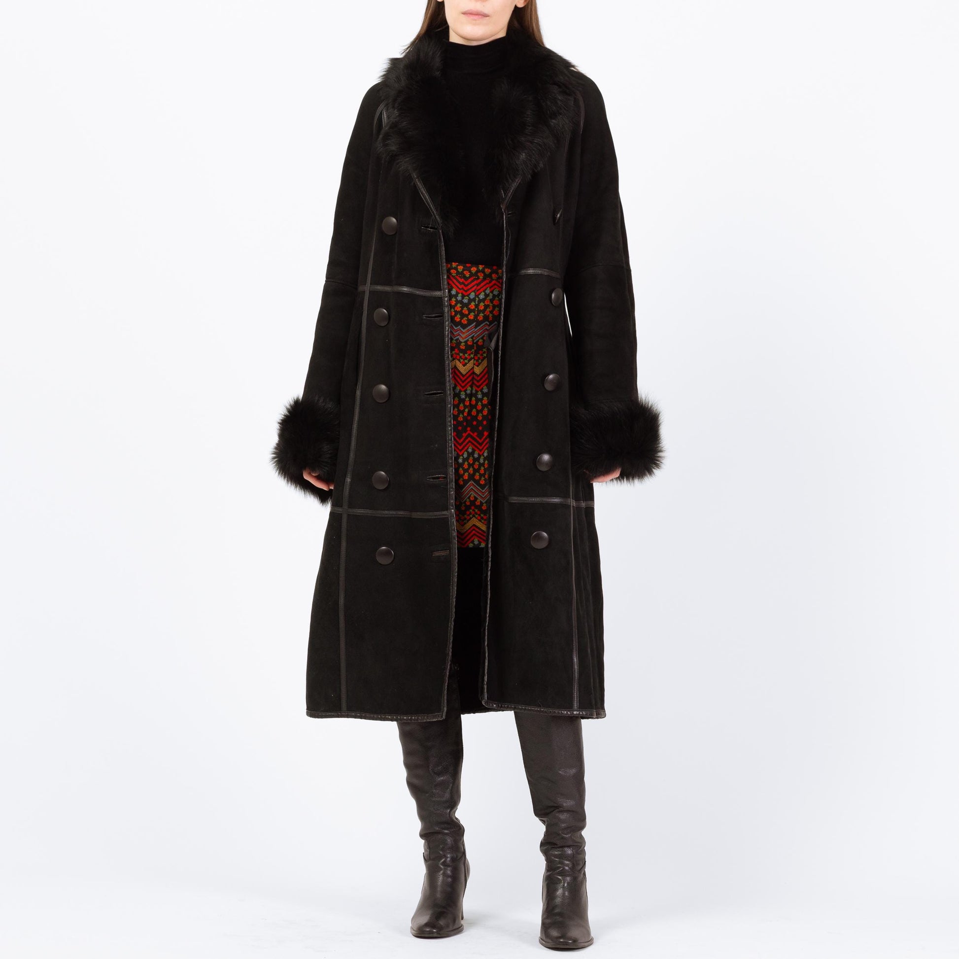 Vintage Pasha Veneto Black Lambskin Penny Lane Coat - Small | Y2K Does 70s Boho Fur Trim Long Suede Leather Jacket