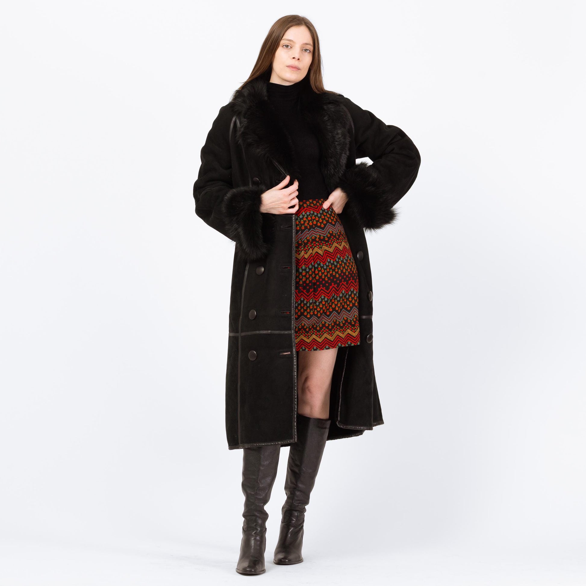 Vintage Pasha Veneto Black Lambskin Penny Lane Coat - Small | Y2K Does 70s Boho Fur Trim Long Suede Leather Jacket