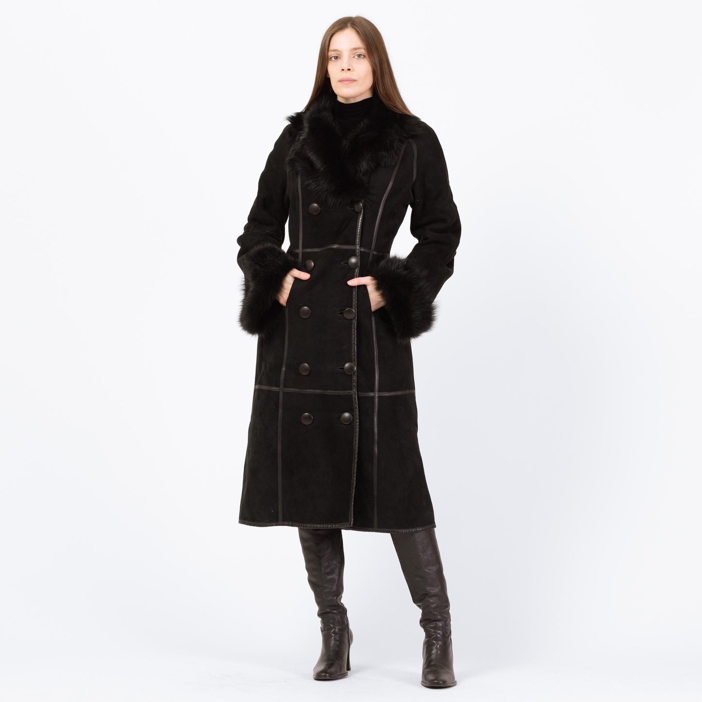 Vintage Pasha Veneto Black Lambskin Penny Lane Coat - Small | Y2K Does 70s Boho Fur Trim Long Suede Leather Jacket