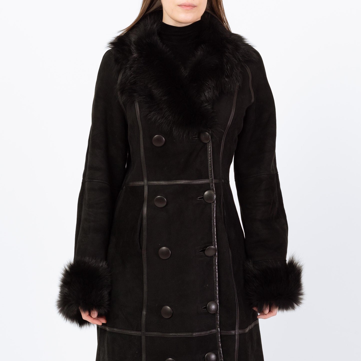 Vintage Pasha Veneto Black Lambskin Penny Lane Coat - Small | Y2K Does 70s Boho Fur Trim Long Suede Leather Jacket