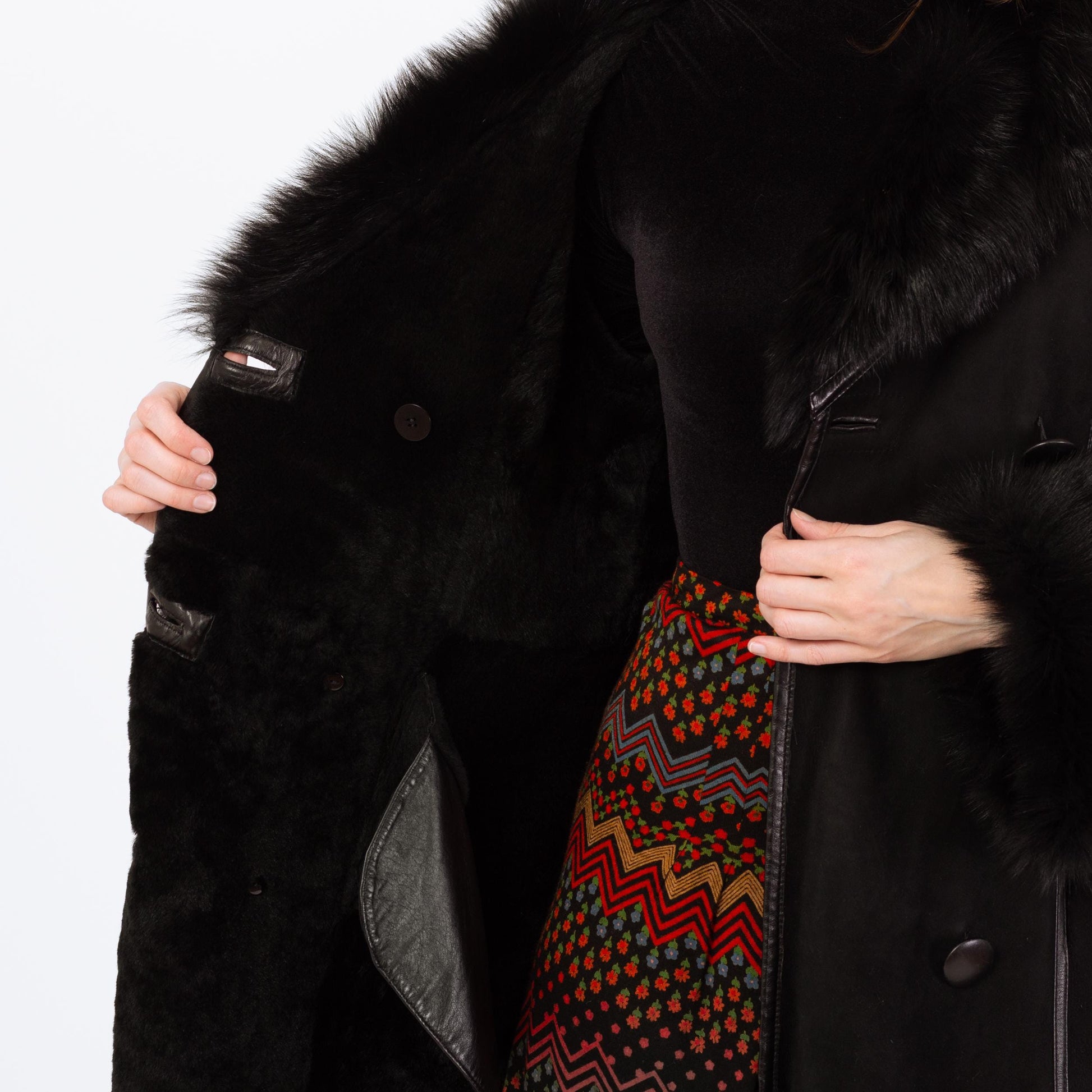 Vintage Pasha Veneto Black Lambskin Penny Lane Coat - Small | Y2K Does 70s Boho Fur Trim Long Suede Leather Jacket