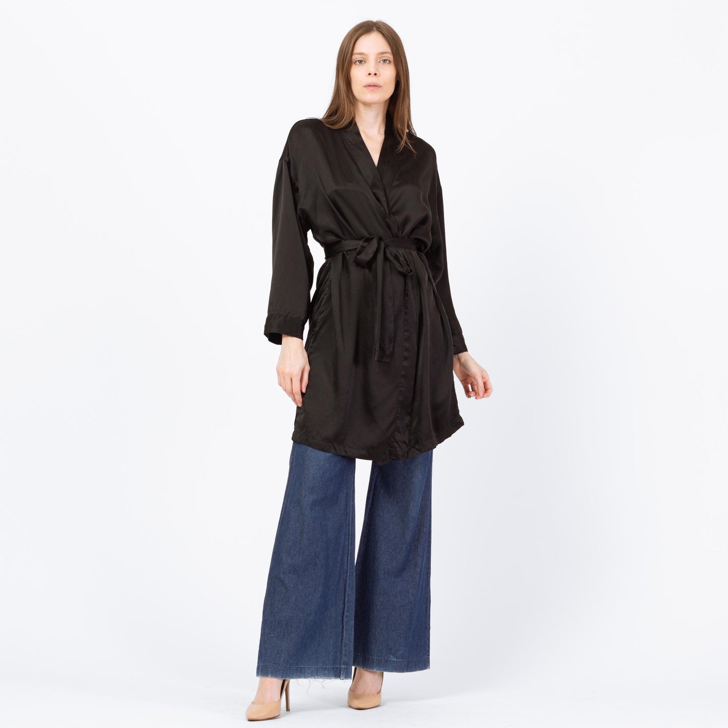 Vintage 90s Victoria's Secret Black Silk Robe - Small | Boho Belted Loungewear Mini Kimono