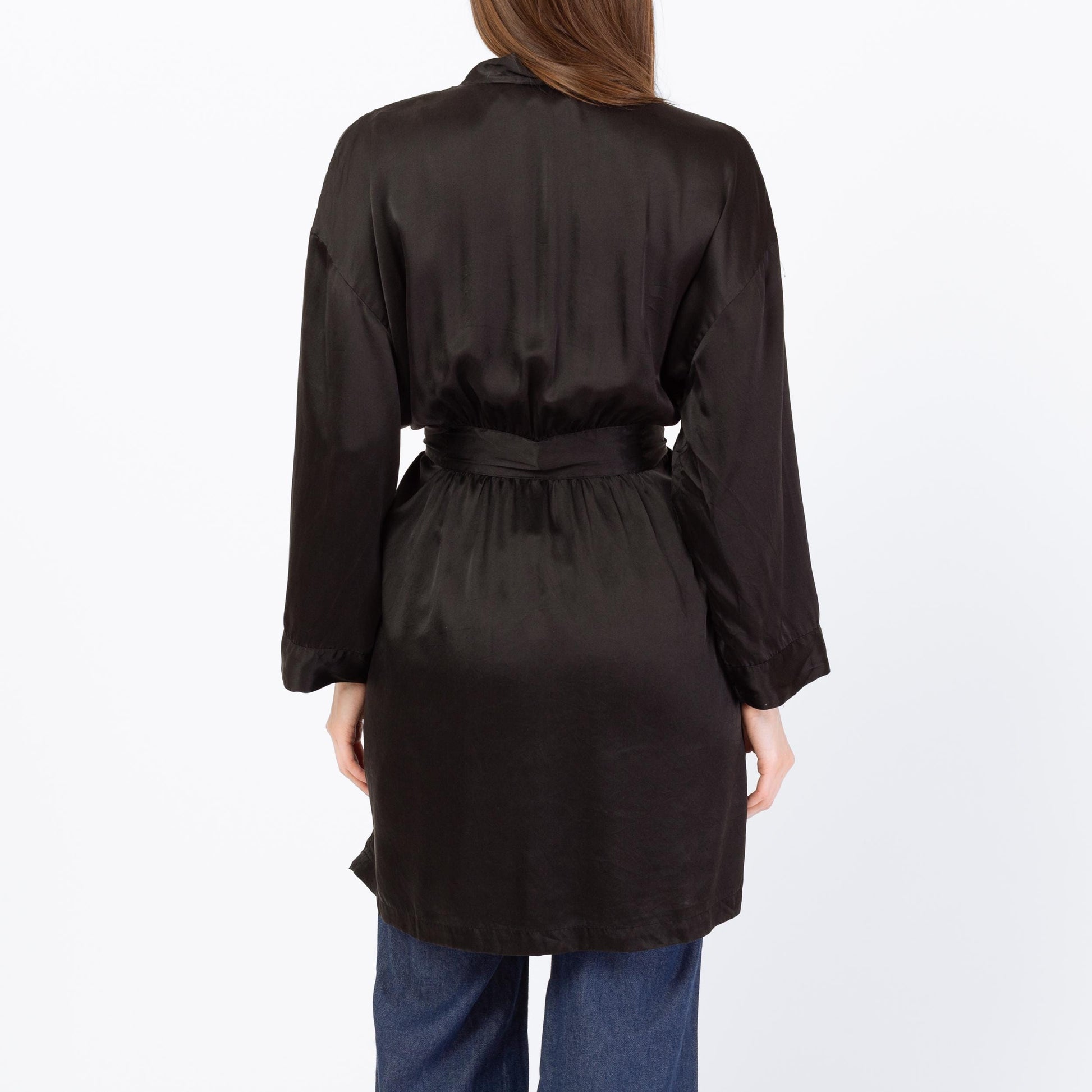 Vintage 90s Victoria's Secret Black Silk Robe - Small | Boho Belted Loungewear Mini Kimono