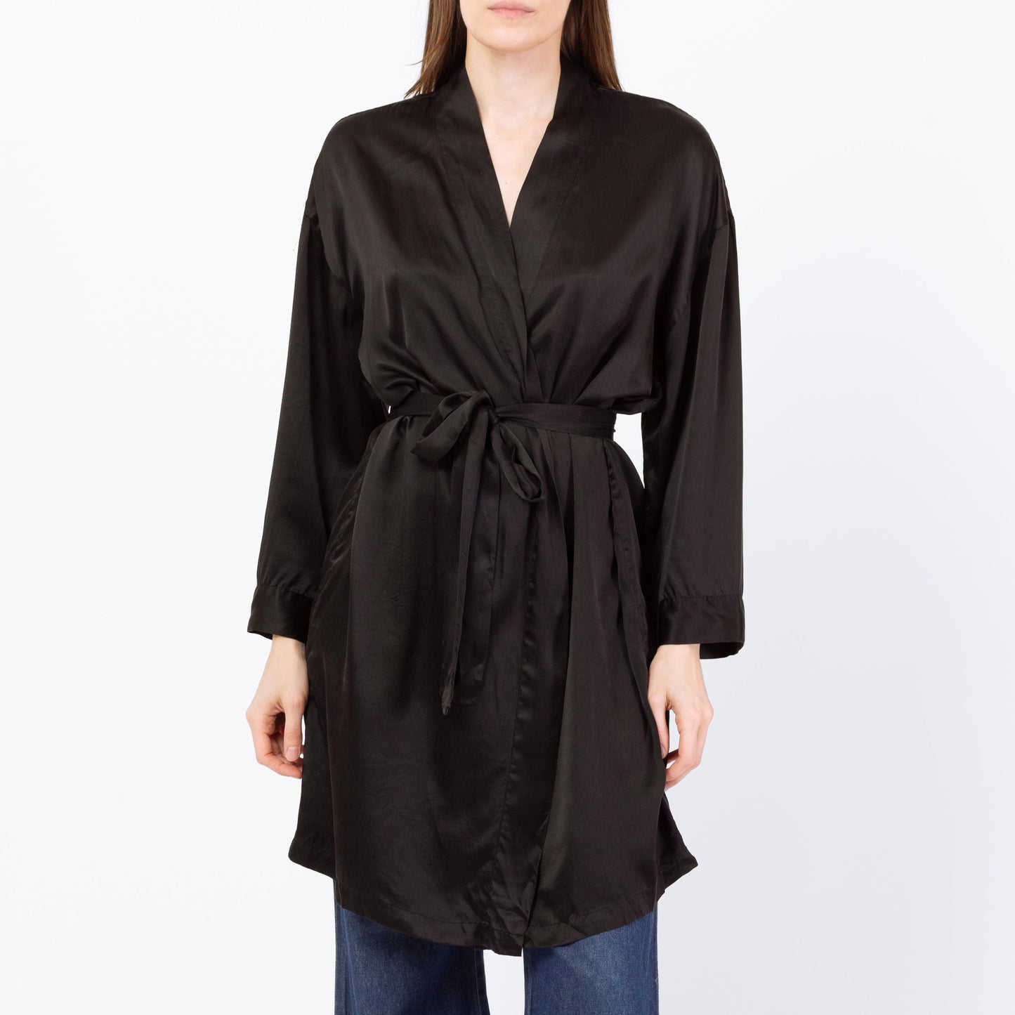 Vintage 90s Victoria's Secret Black Silk Robe - Small | Boho Belted Loungewear Mini Kimono