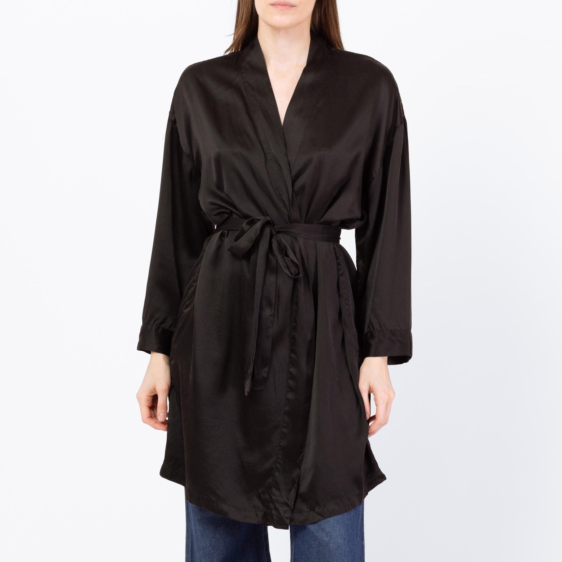 Vintage 90s Victoria's Secret Black Silk Robe - Small | Boho Belted Loungewear Mini Kimono