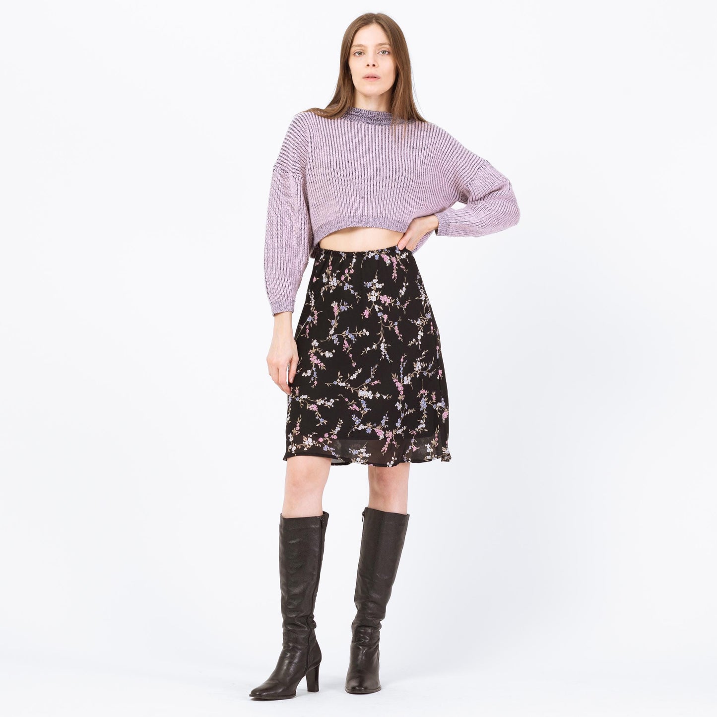 Vintage 90s Black Floral Bias Cut Mini Skirt - Small | Boho High Waisted Slip Miniskirt