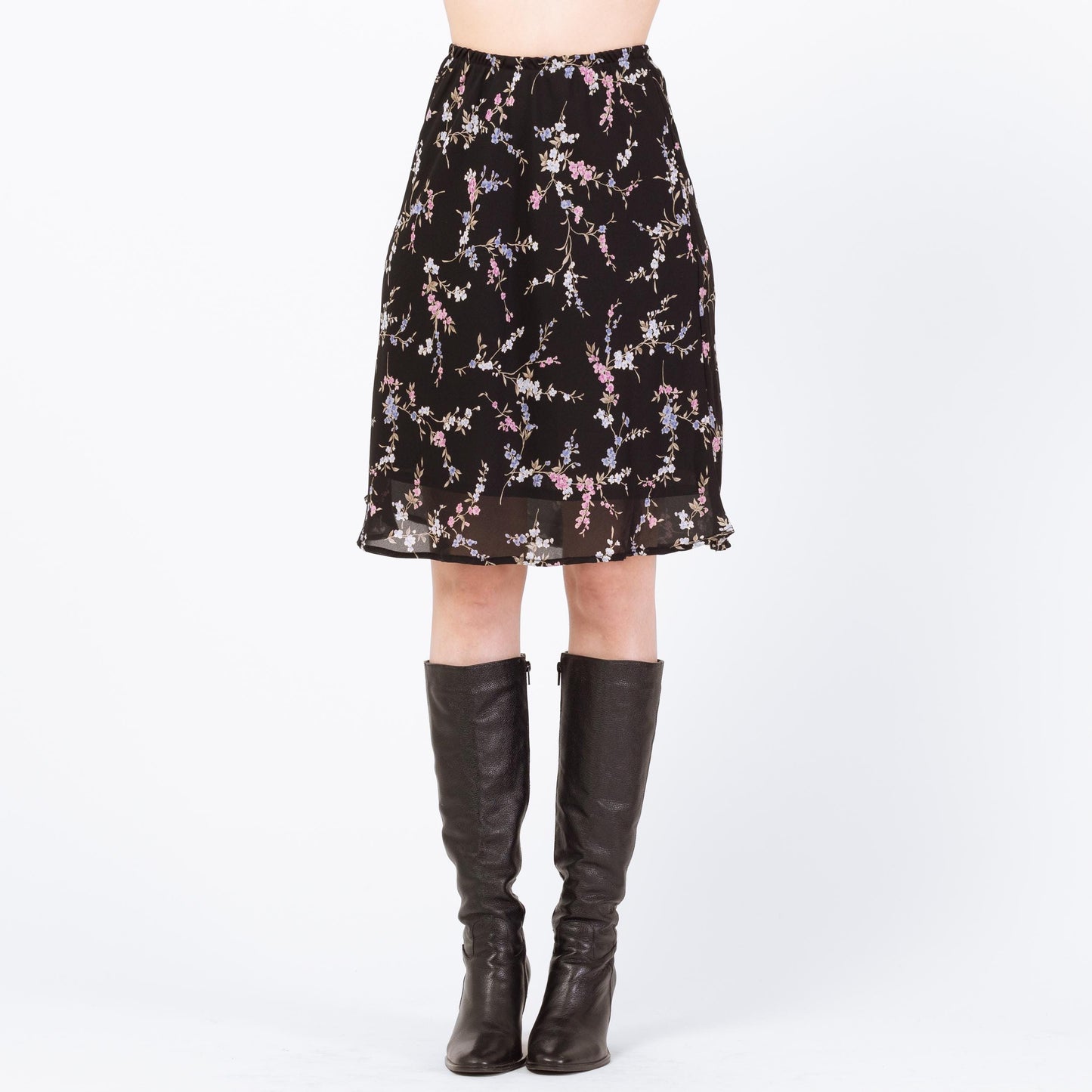 Vintage 90s Black Floral Bias Cut Mini Skirt - Small | Boho High Waisted Slip Miniskirt