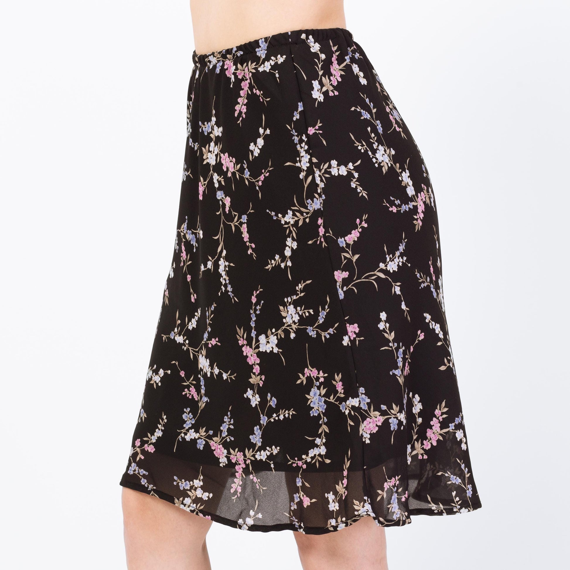 Vintage 90s Black Floral Bias Cut Mini Skirt - Small | Boho High Waisted Slip Miniskirt