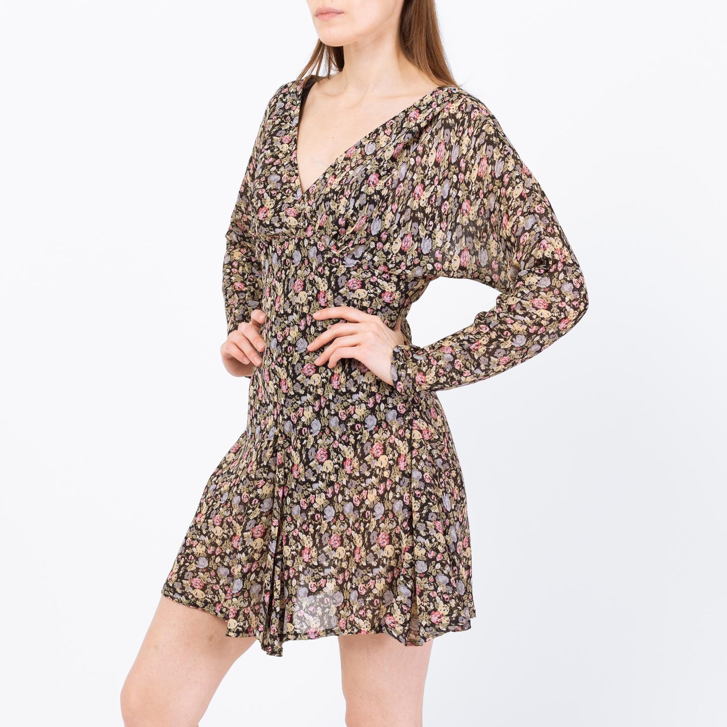Vintage 90s Sheer Floral Dolman Sleeve Mini Dress - Small | Boho Bias Cut Long Sleeve Dress